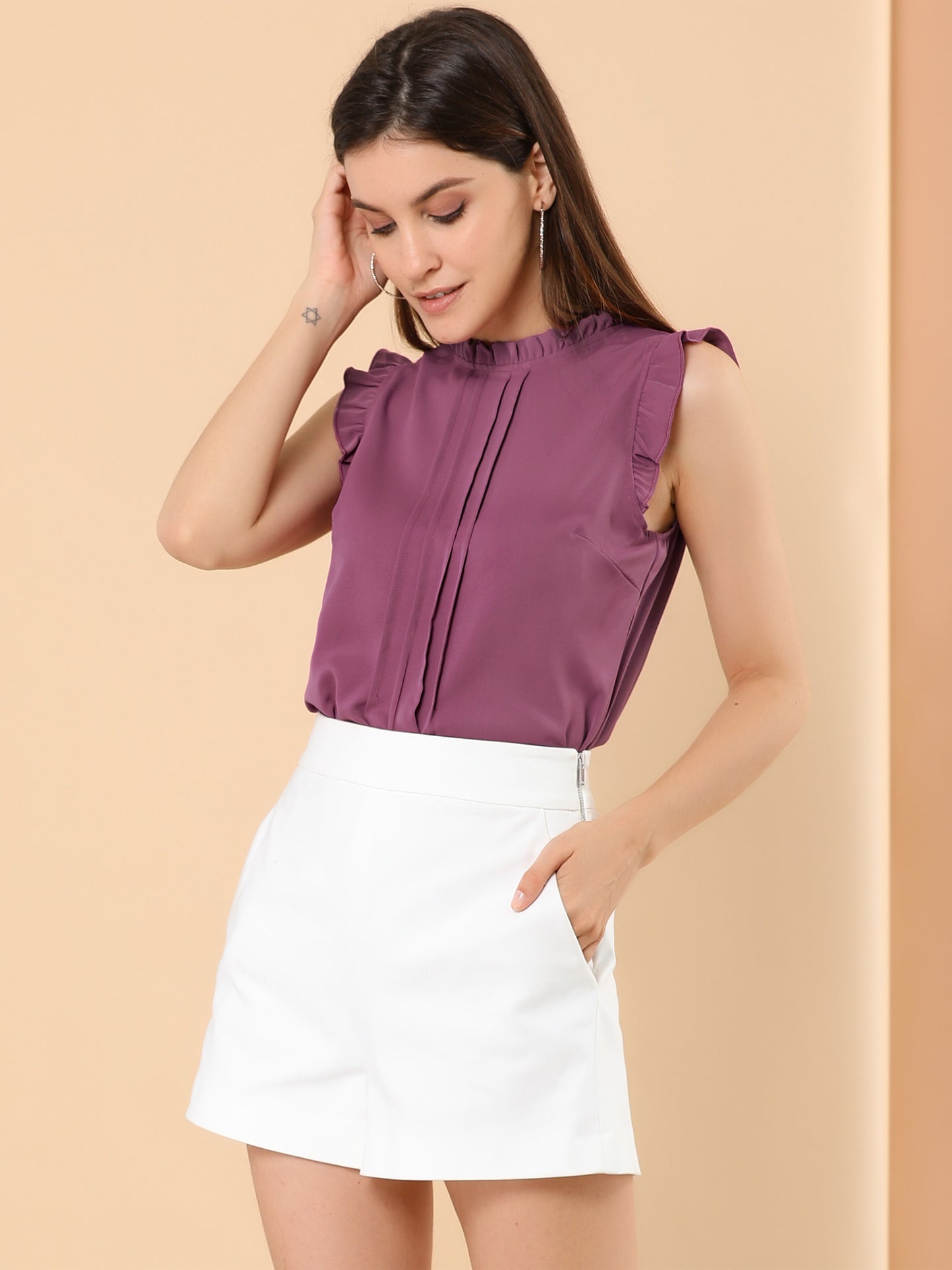 Women's Business Casual Sleeveless Ruffle Blouse Top