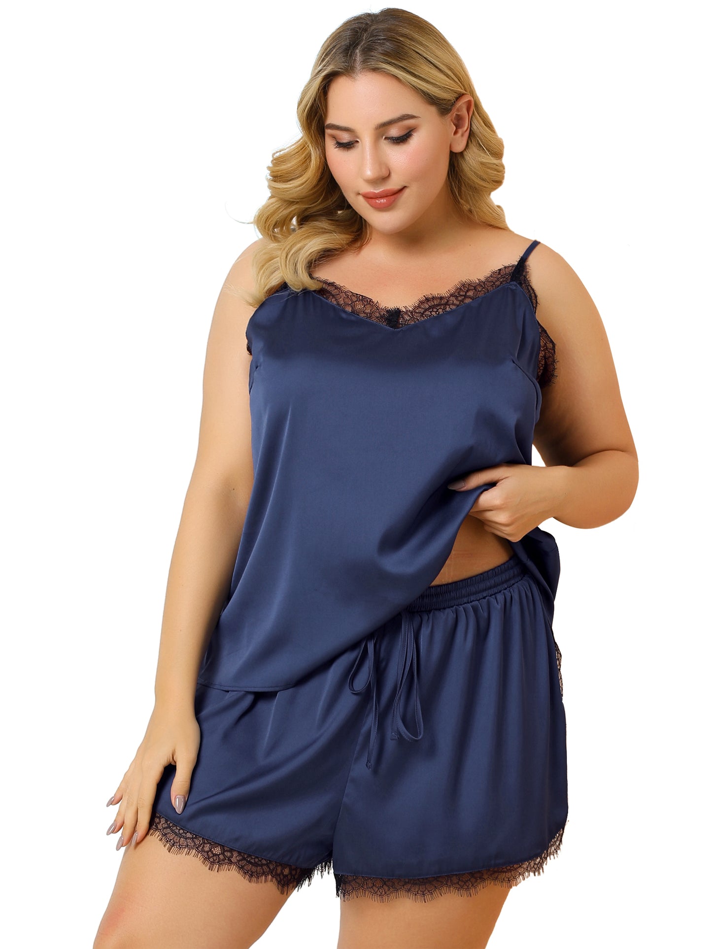 Women's Plus Size Satin Lace Panel Cami Top and Shorts Sleepwear 2 Pieces Pajamas Set