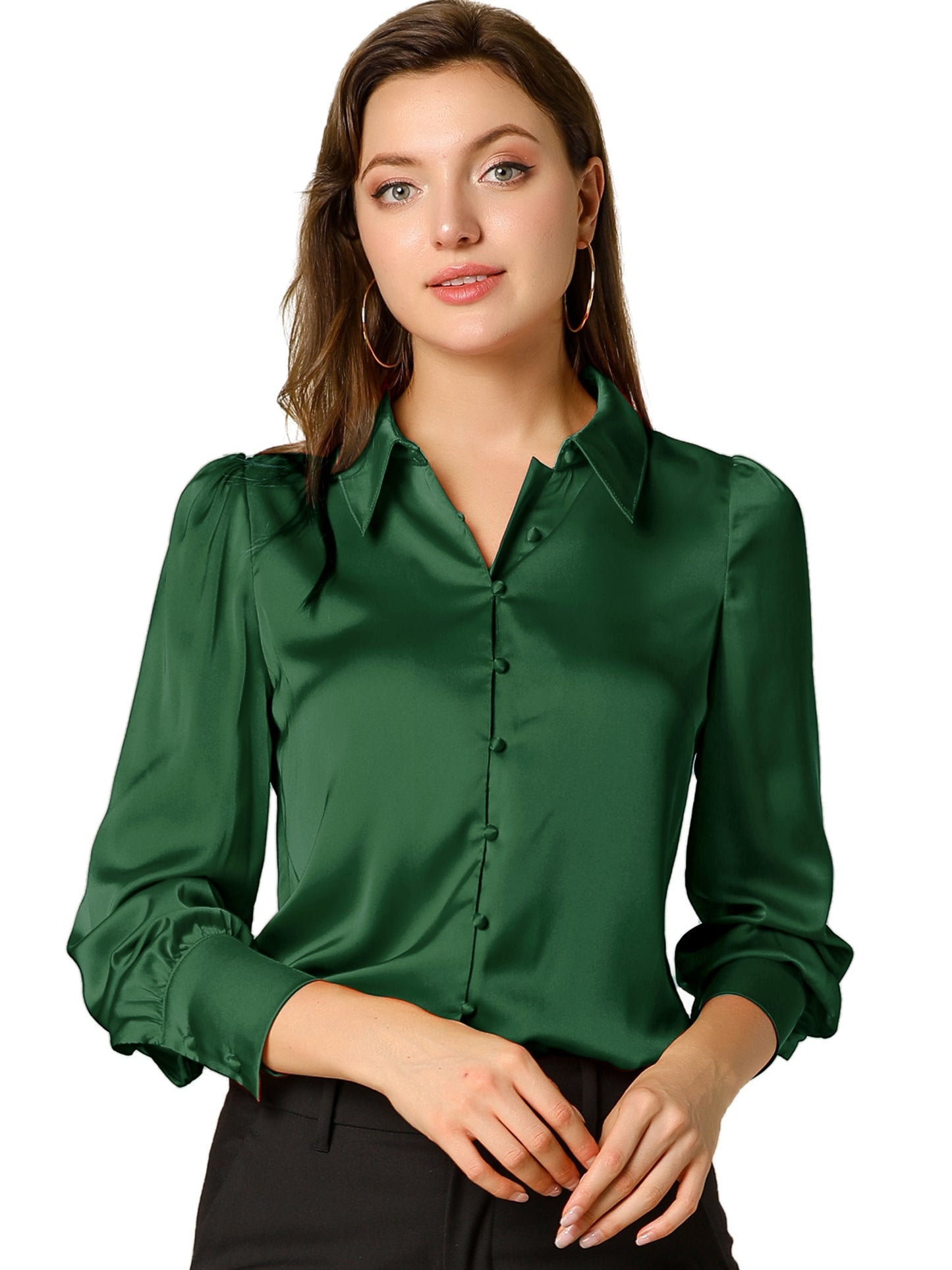 Women's Satin Puff Sleeve Collared Work Office Dressy Button Up Shirt, Deep Colors
