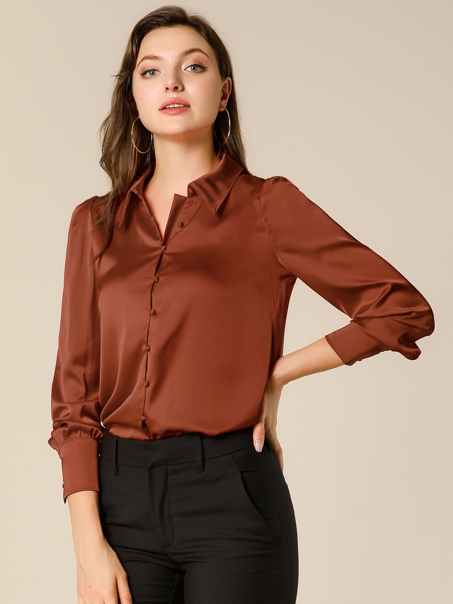 Women's Satin Puff Sleeve Collared Work Office Dressy Button Up Shirt, Deep Colors