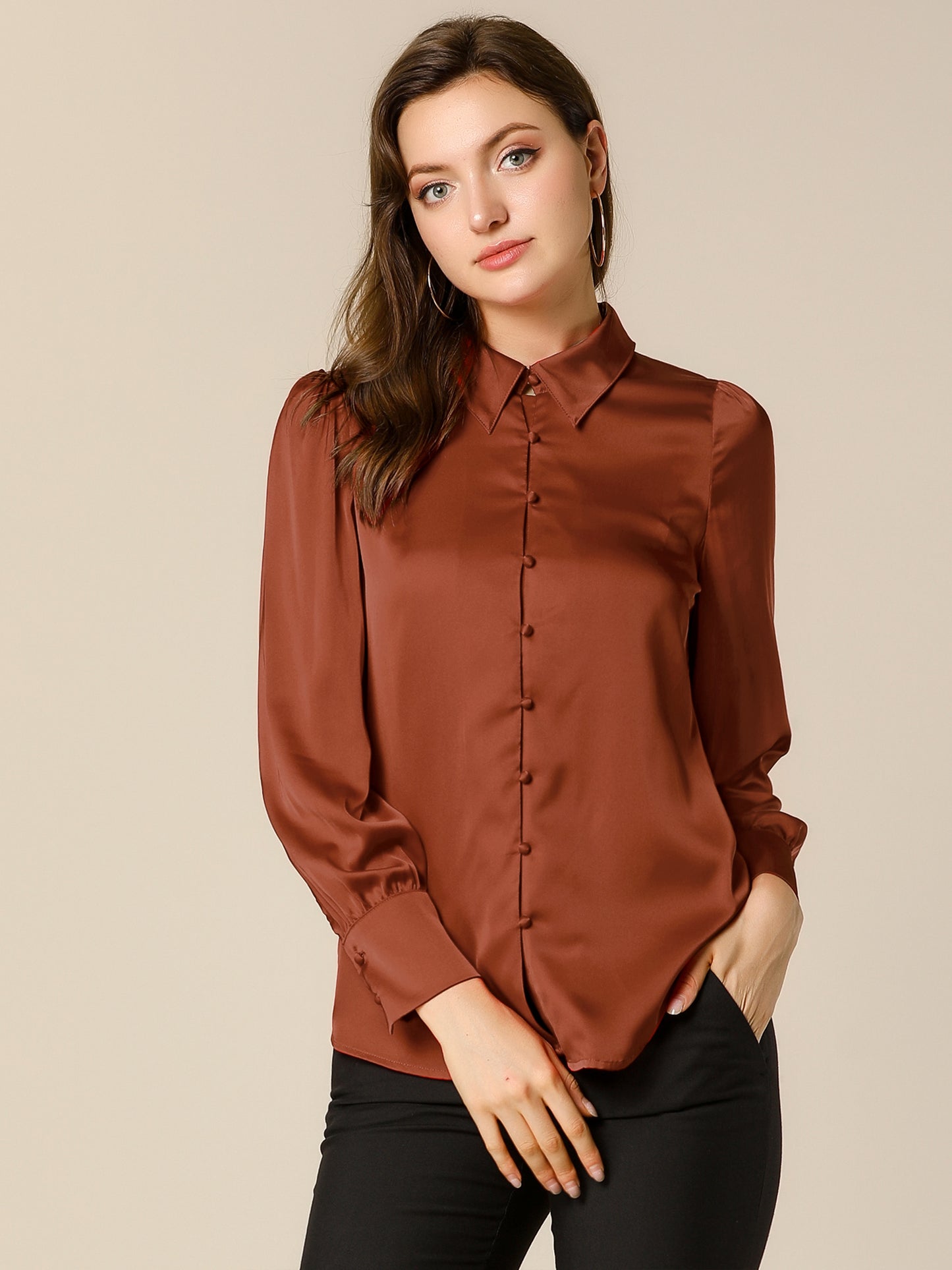 Women's Satin Puff Sleeve Collared Work Office Dressy Button Up Shirt, Deep Colors