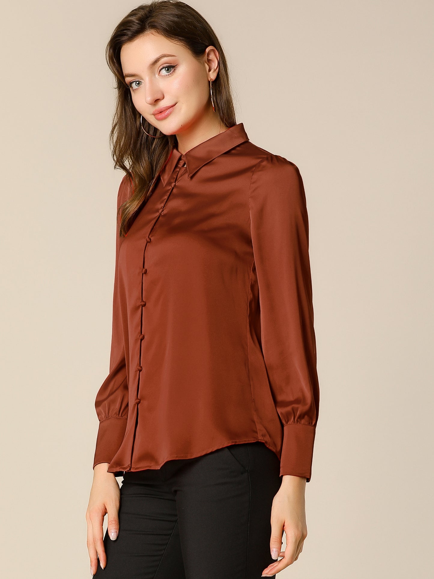 Women's Satin Puff Sleeve Collared Work Office Dressy Button Up Shirt, Deep Colors