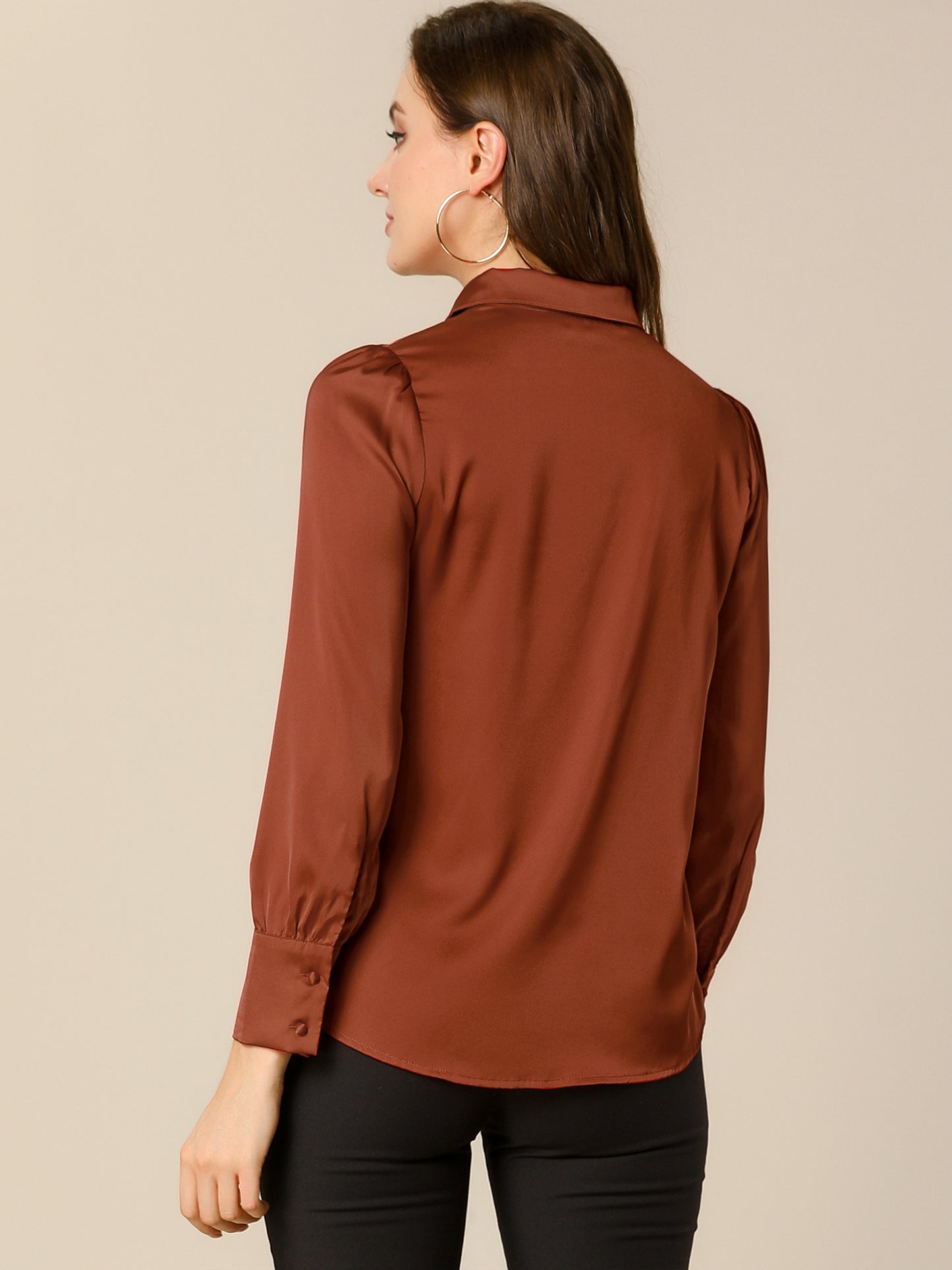 Women's Satin Puff Sleeve Collared Work Office Dressy Button Up Shirt, Deep Colors