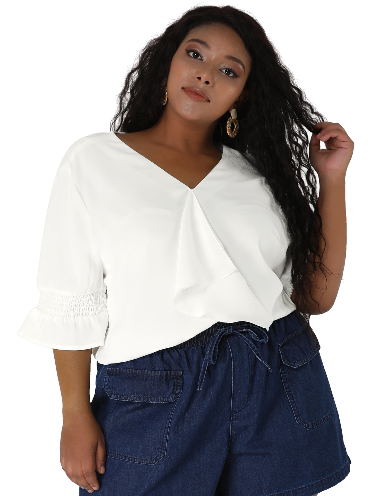 Women's Plus Size Ruffle Blouse V Neck Smocked Sleeves Top