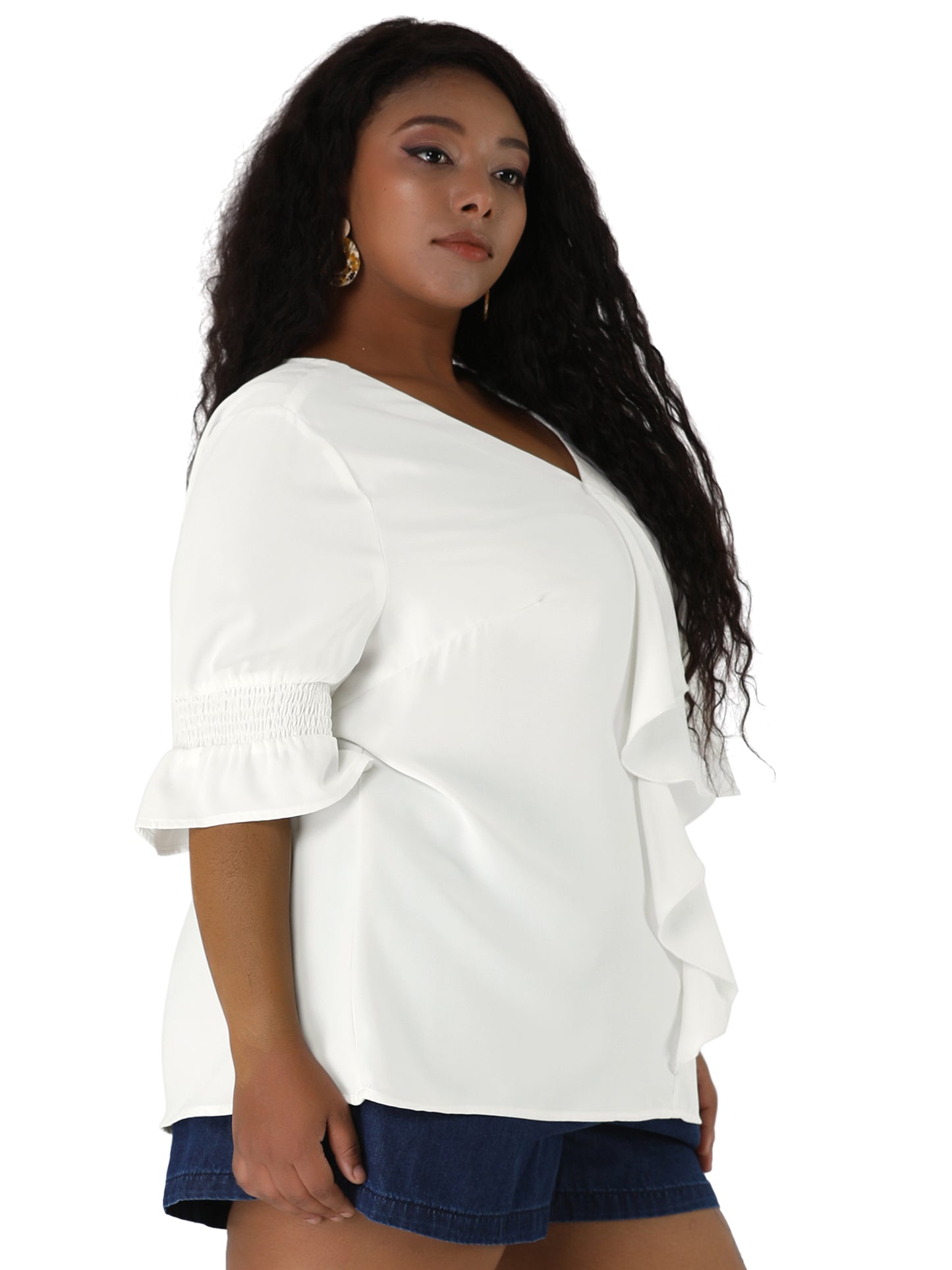 Women's Plus Size Ruffle Blouse V Neck Smocked Sleeves Top