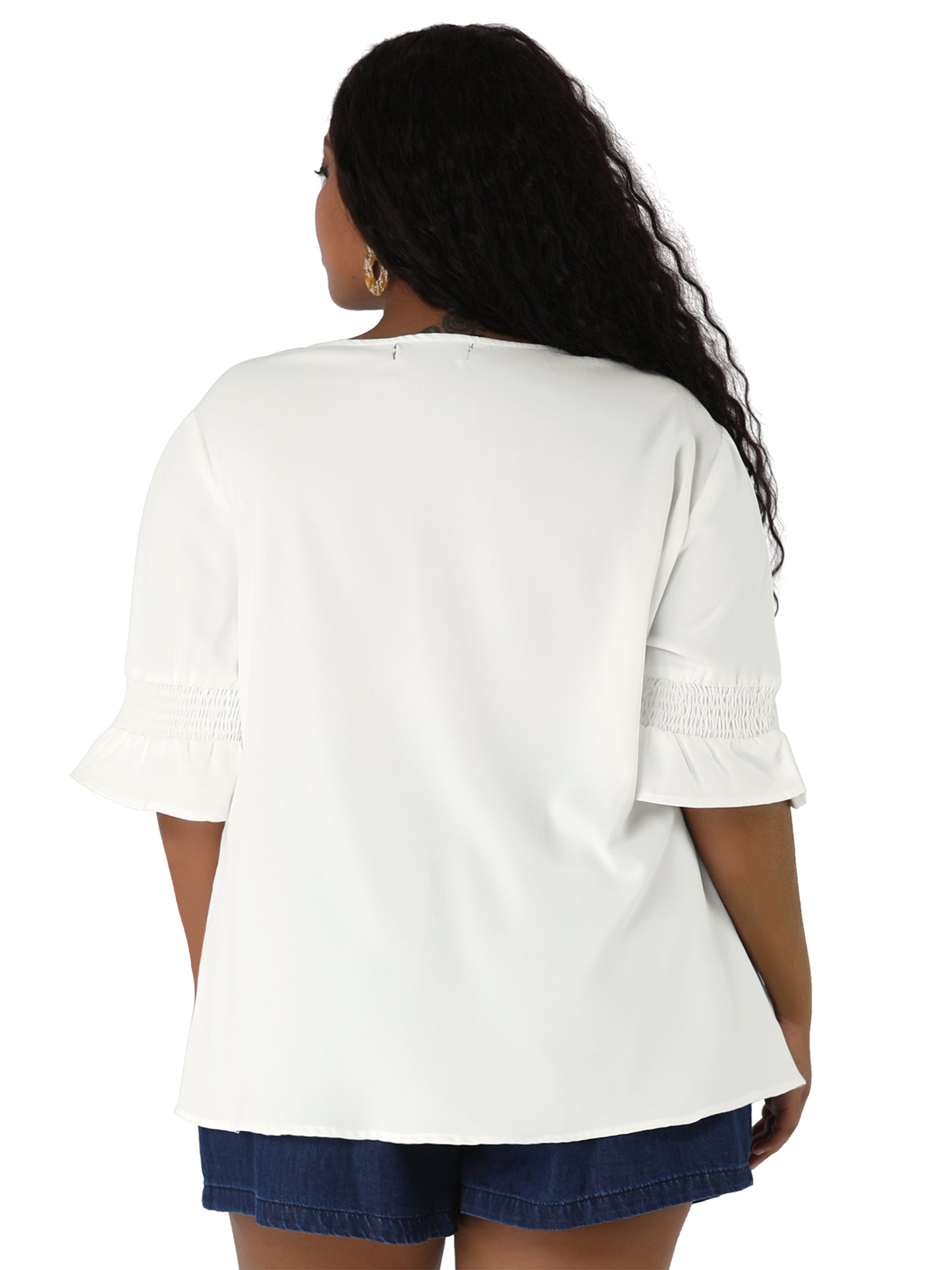 Women's Plus Size Ruffle Blouse V Neck Smocked Sleeves Top