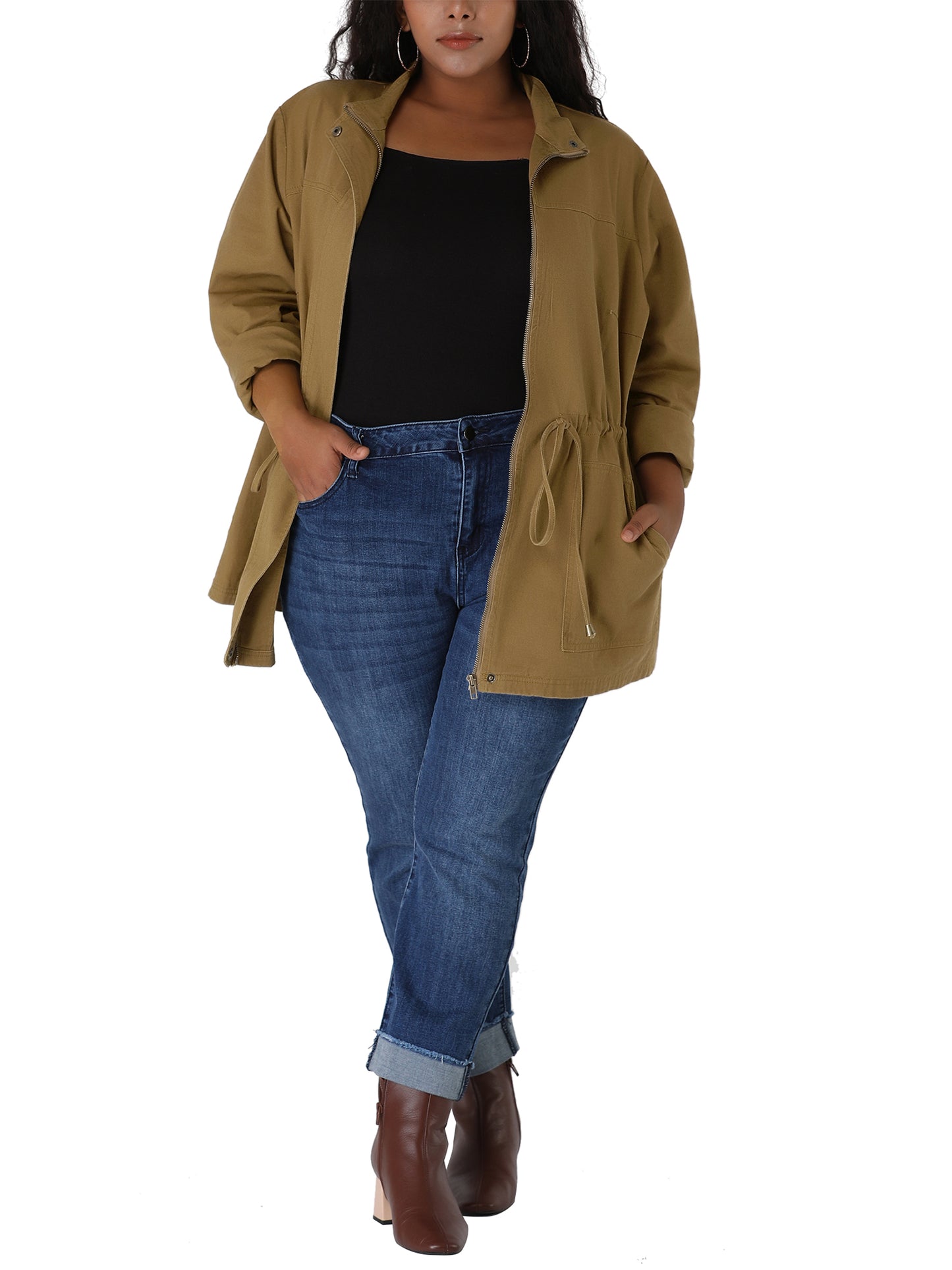 Women's Plus Size Jackets Lightweight Anorak Drawstring Utility Jacket with Pockets