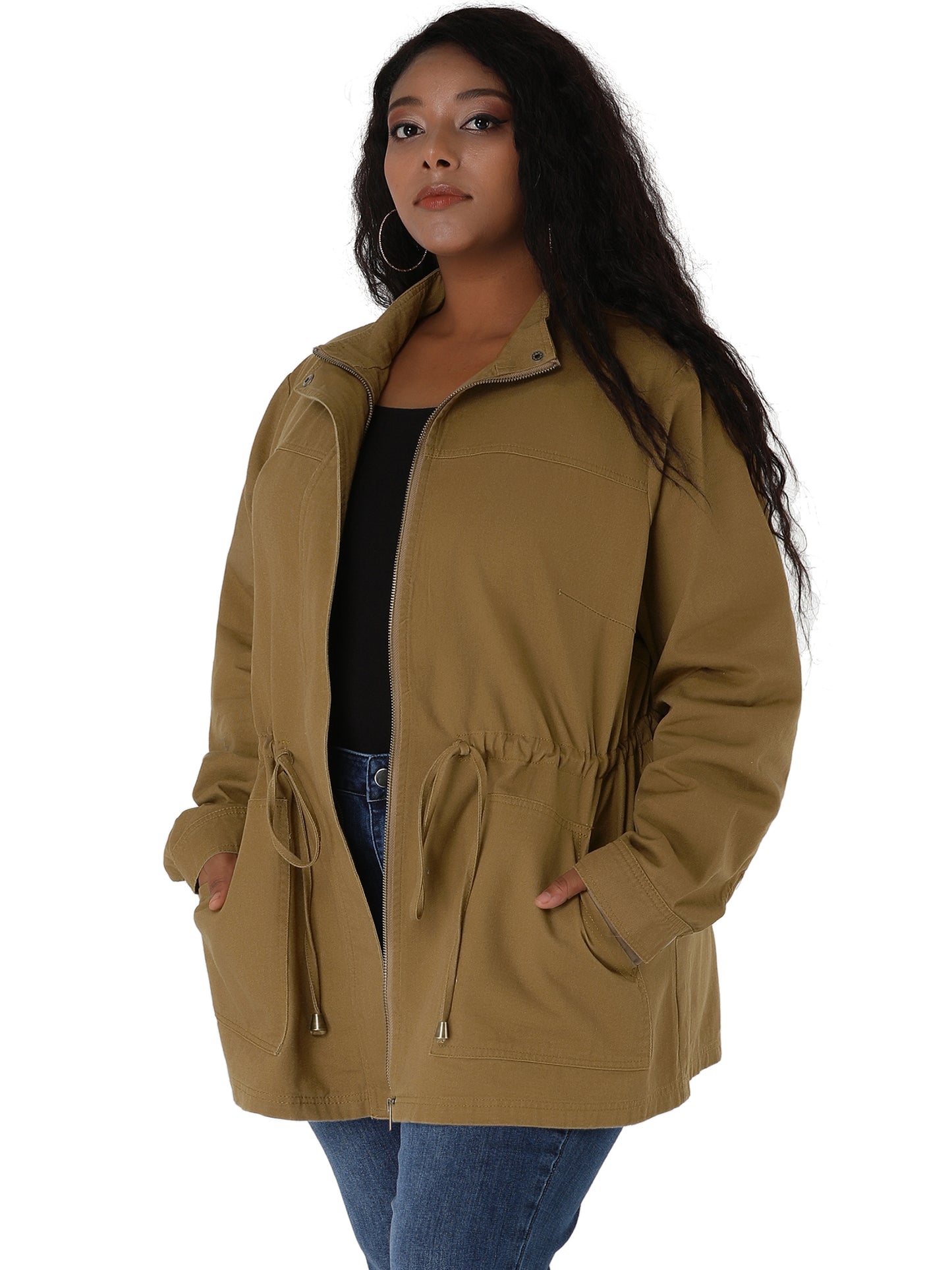 Women's Plus Size Jackets Lightweight Anorak Drawstring Utility Jacket with Pockets