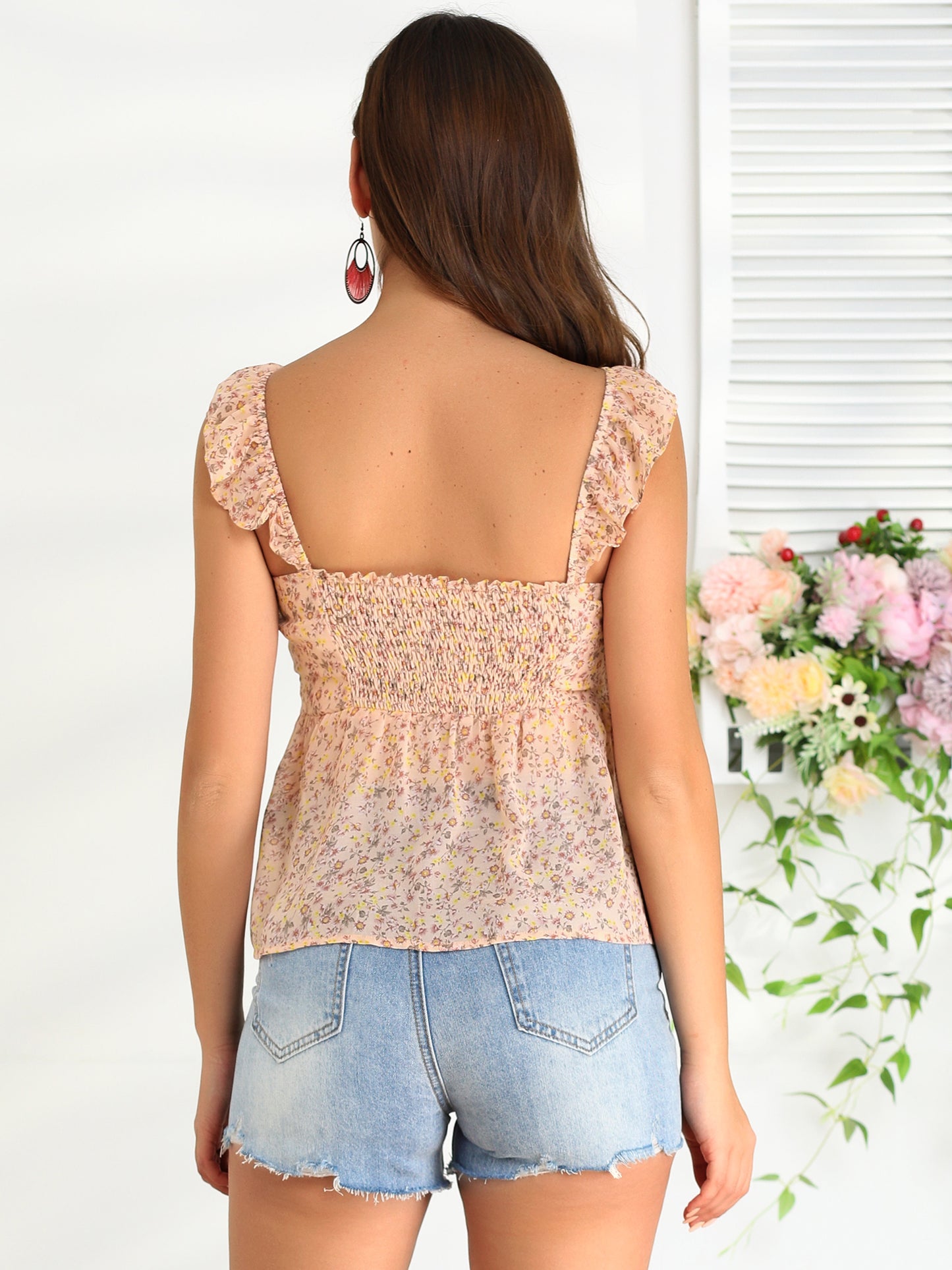 Women's Smocked Back Ruffle Strap Cami Floral Sleeveless Top