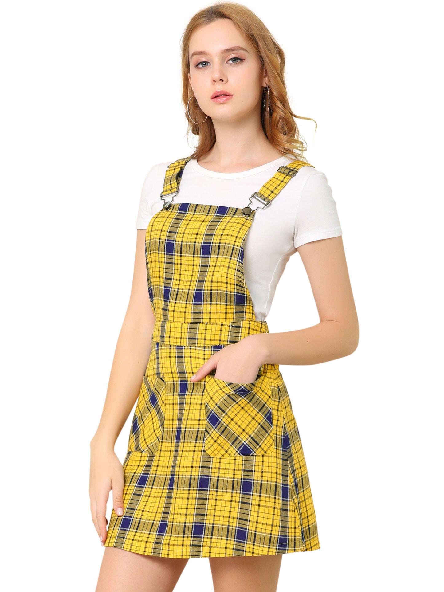 Women's Adjustable Strap Above Knee Plaid Printed Overall Dress Suspender Skirt