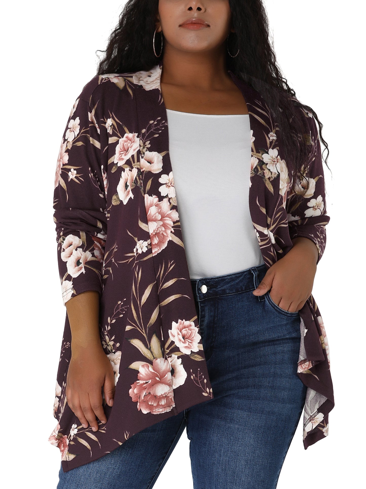 Women's Plus Size Cardigans Open Front Asymmetric Hem Printed Lightweight Jacket Fall Knit Cardigan