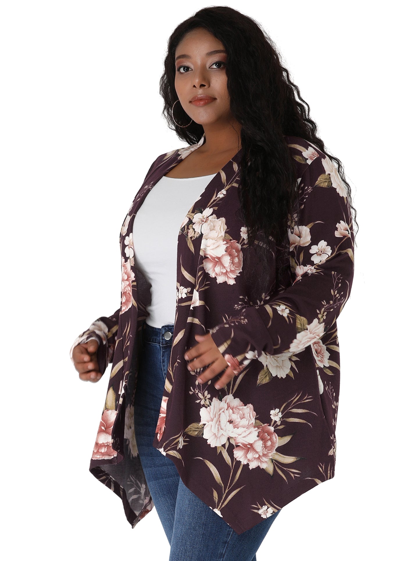 Women's Plus Size Cardigans Open Front Asymmetric Hem Printed Lightweight Jacket Fall Knit Cardigan
