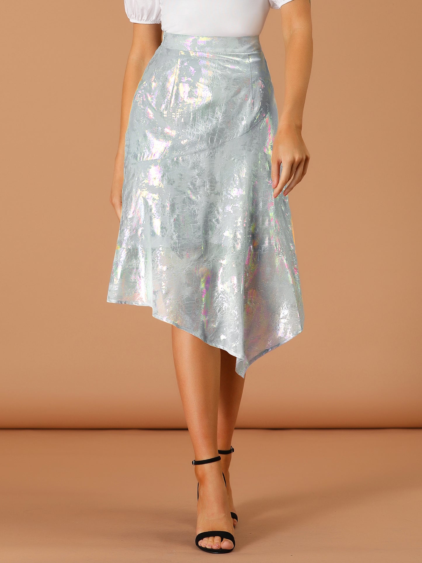 Women's Shiny Holographic Chiffon Asymmetric Hem Skirt
