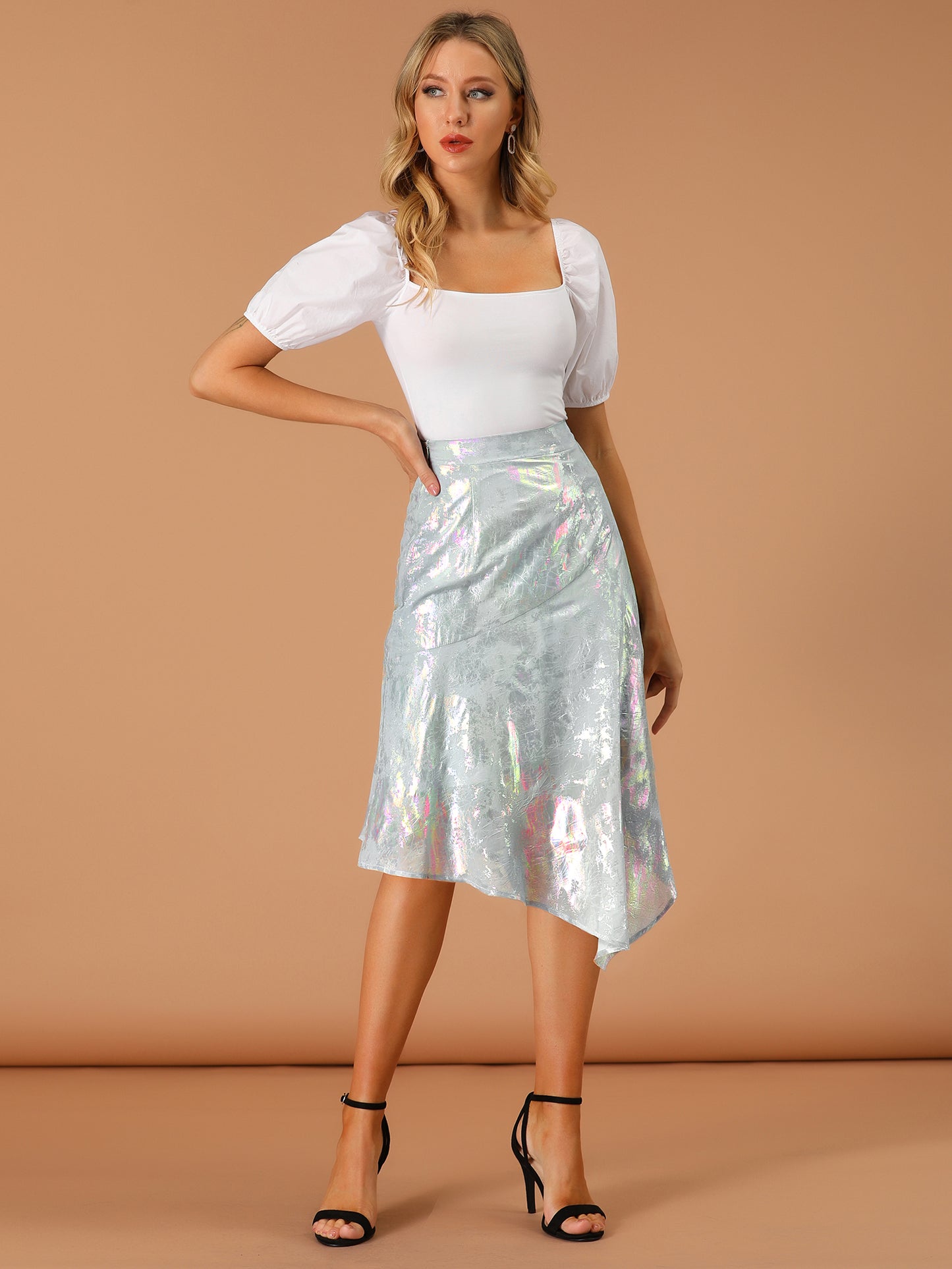 Women's Shiny Holographic Chiffon Asymmetric Hem Skirt