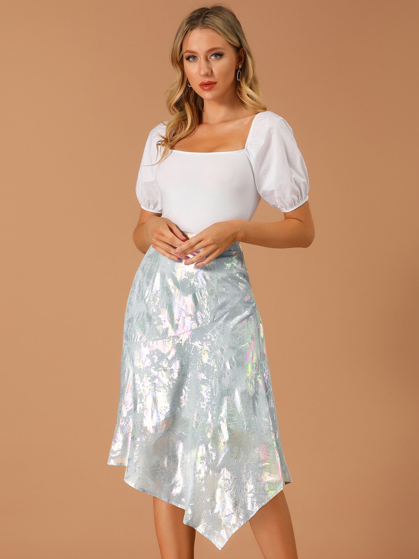 Women's Shiny Holographic Chiffon Asymmetric Hem Skirt