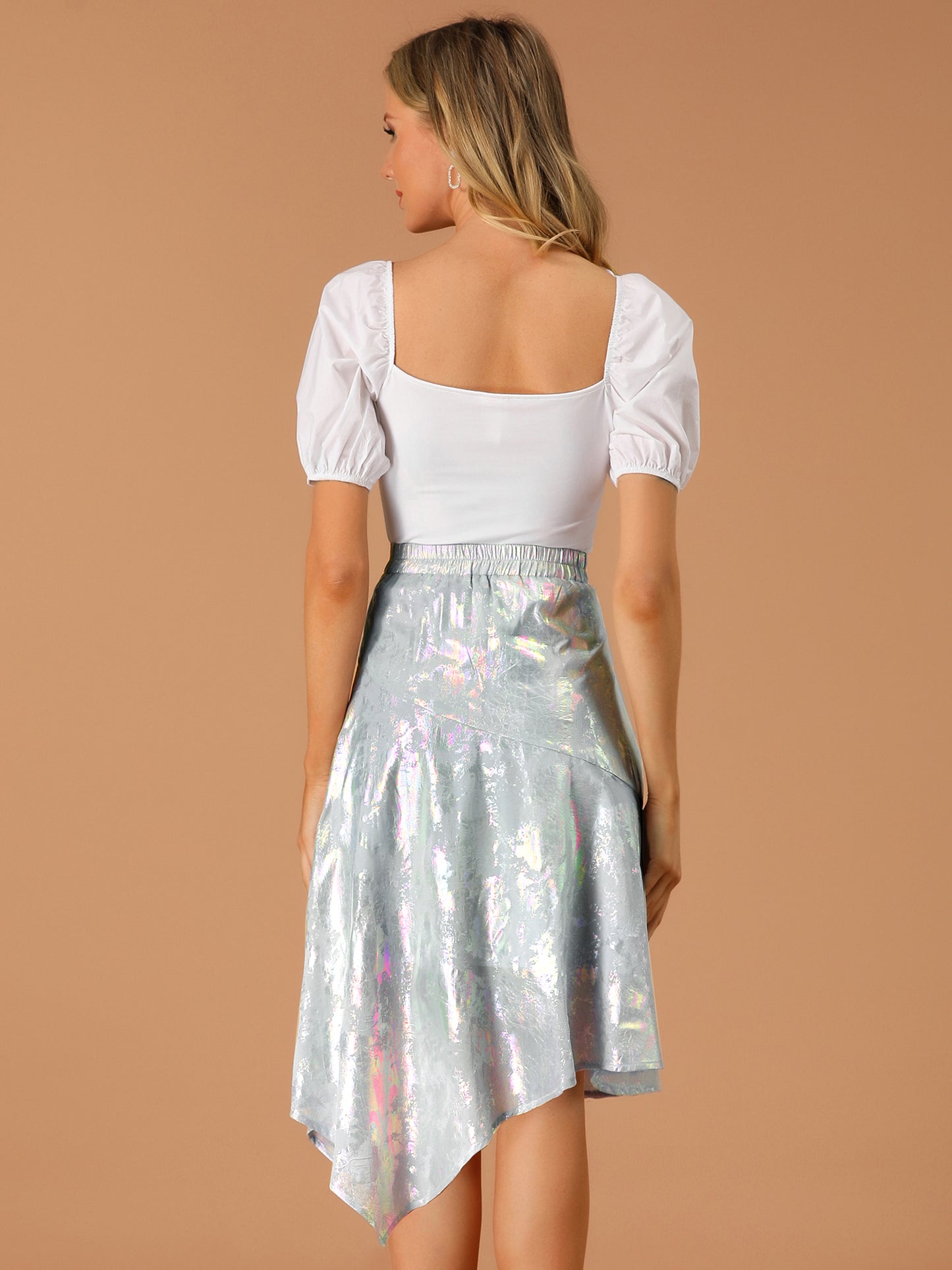 Women's Shiny Holographic Chiffon Asymmetric Hem Skirt