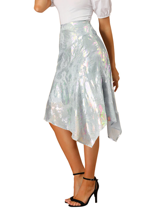 Women's Shiny Holographic Chiffon Asymmetric Hem Skirt