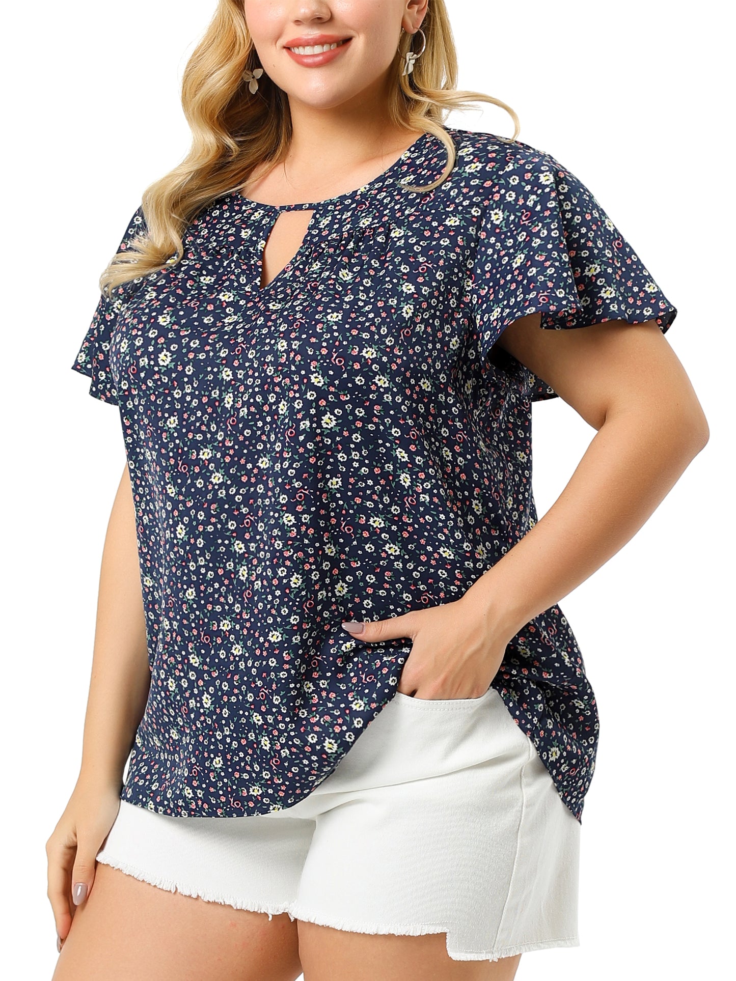 Women's Plus Size Blouses Summer Ruffle Short Sleeve Shirts Keyhole Chiffon Top
