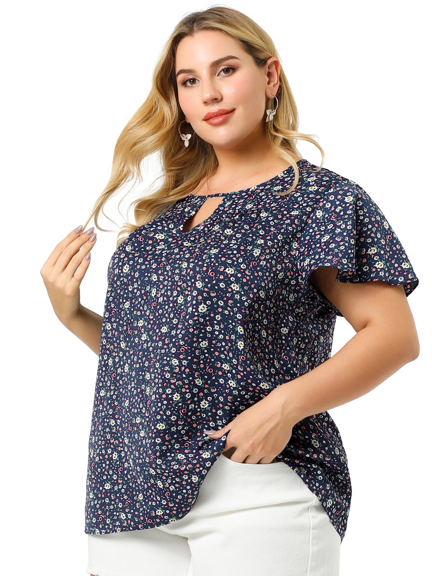 Women's Plus Size Blouses Summer Ruffle Short Sleeve Shirts Keyhole Chiffon Top