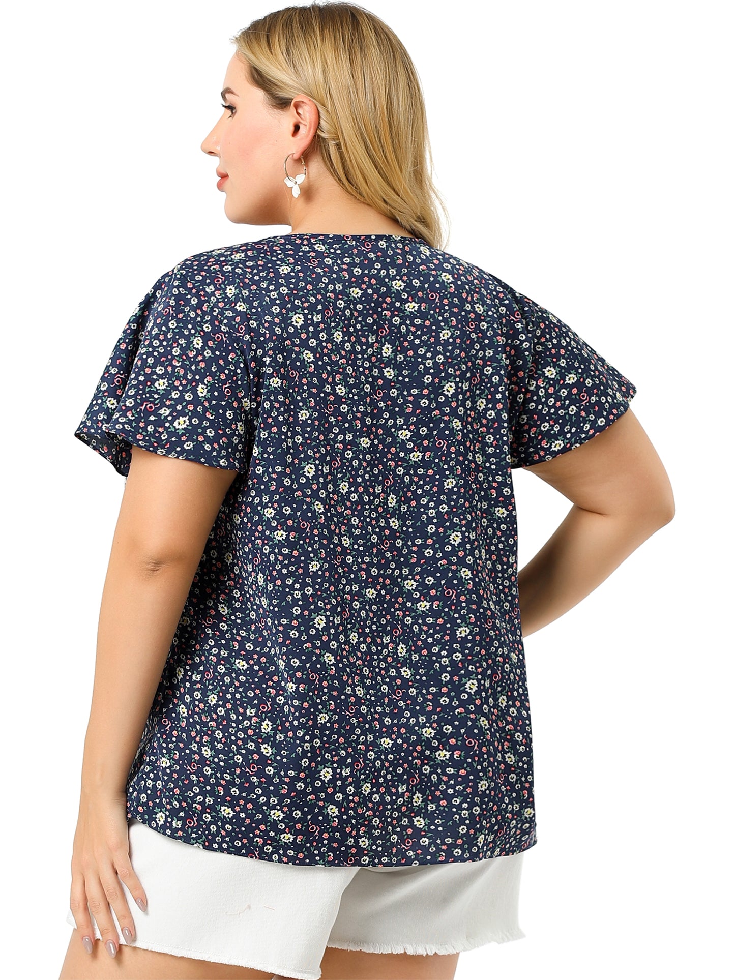 Women's Plus Size Blouses Summer Ruffle Short Sleeve Shirts Keyhole Chiffon Top