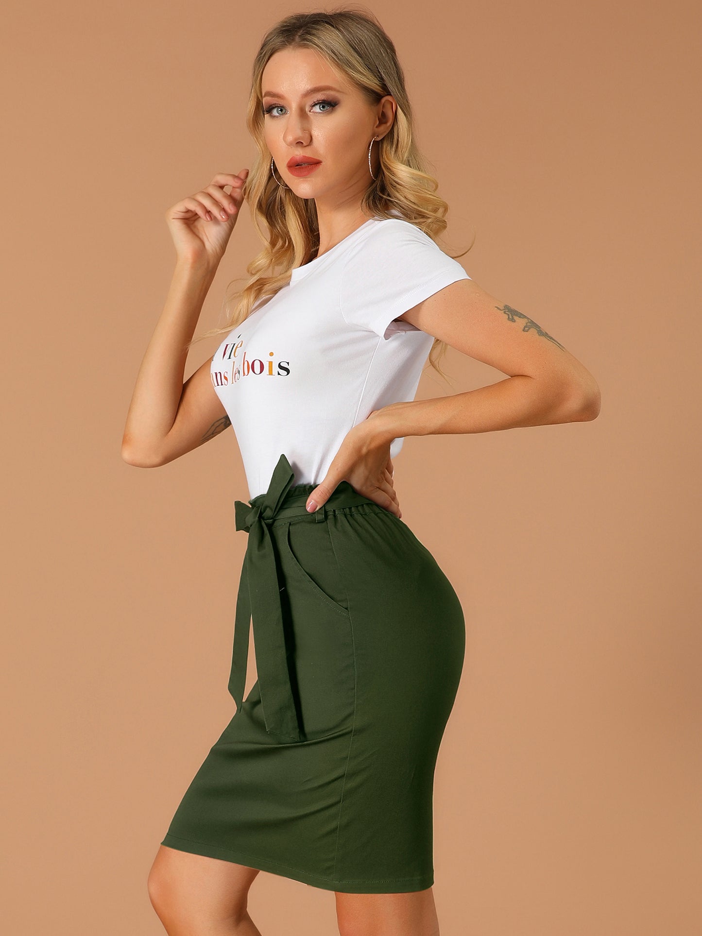 Women's Workwear Paperbag Elastic Waist Side Pockets Cotton Pencil Skirt