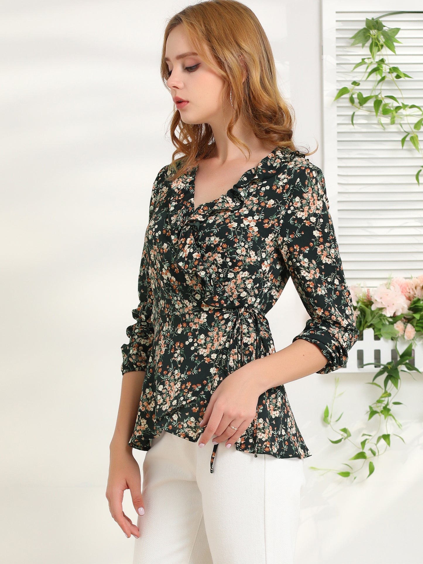 Women's Floral V Neck Wrap Top Long Sleeve Tie Waist Ruffle Peplum Blouse