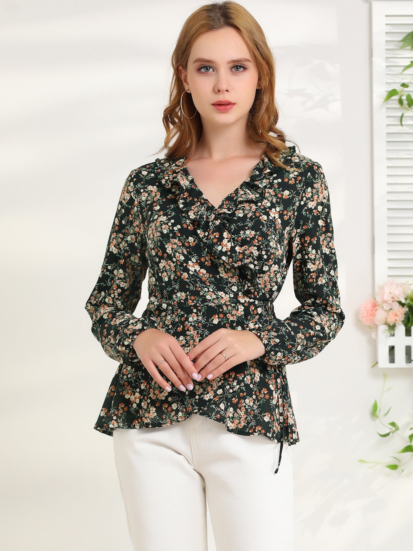 Women's Floral V Neck Wrap Top Long Sleeve Tie Waist Ruffle Peplum Blouse