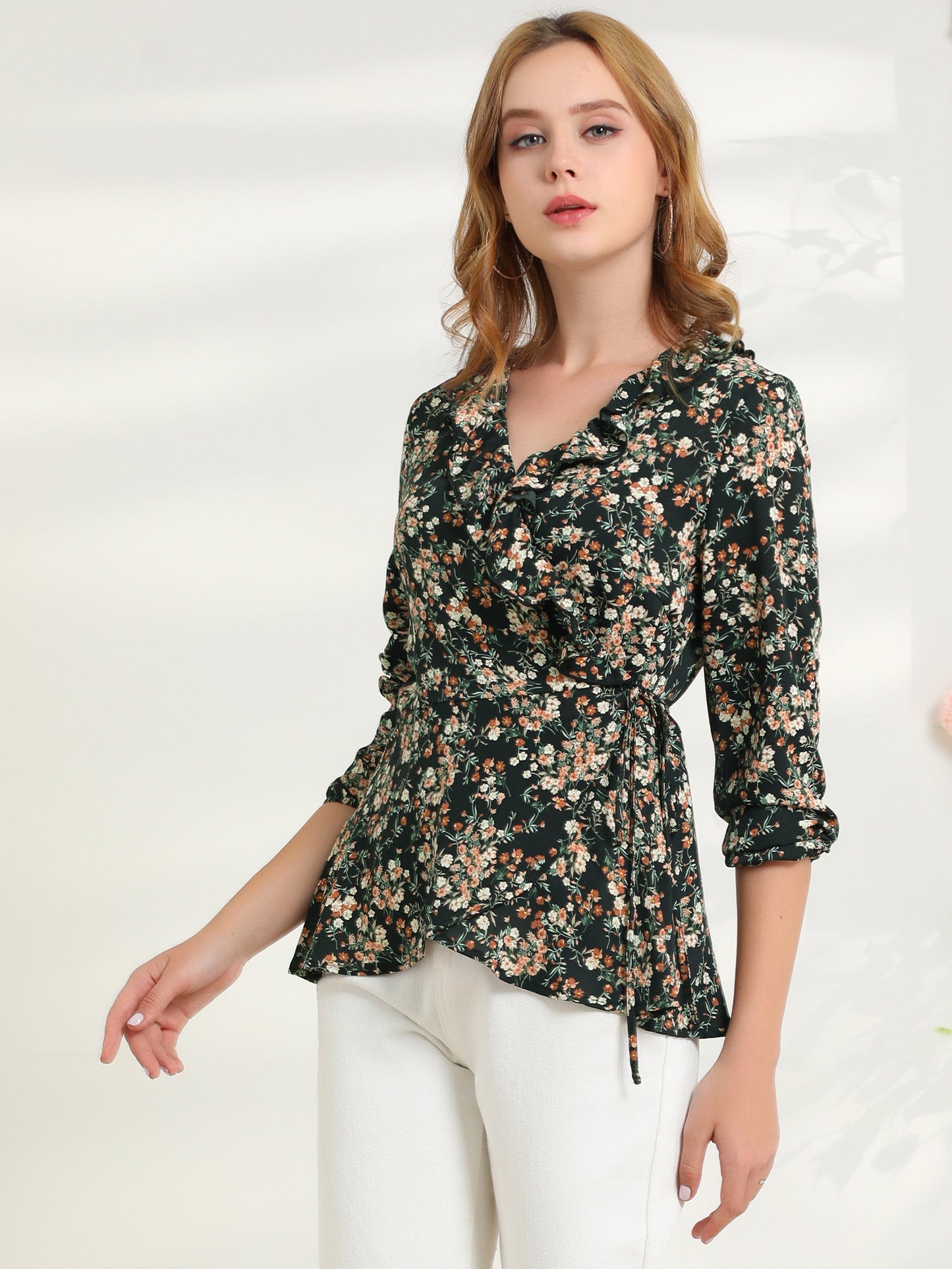 Women's Floral V Neck Wrap Top Long Sleeve Tie Waist Ruffle Peplum Blouse
