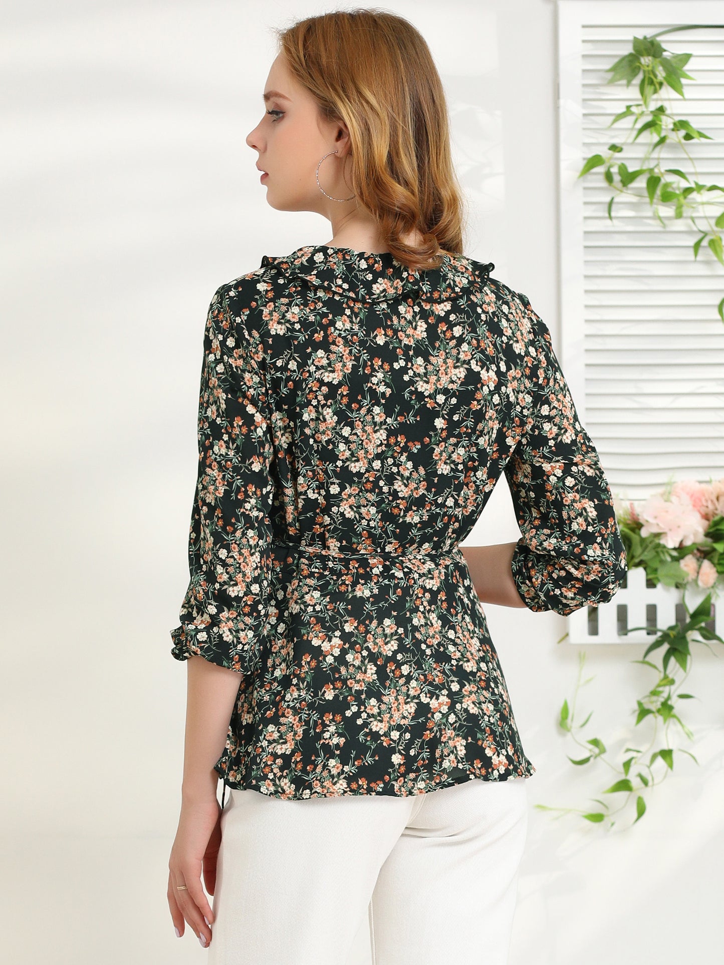 Women's Floral V Neck Wrap Top Long Sleeve Tie Waist Ruffle Peplum Blouse