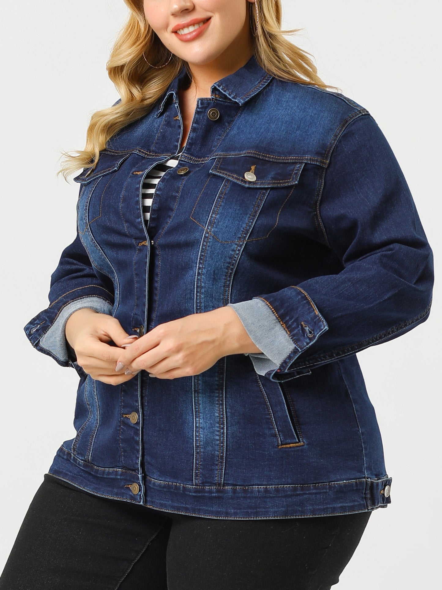 Women's Plus Size Jean Jacket Stitching Button Front Washed Denim Jacket