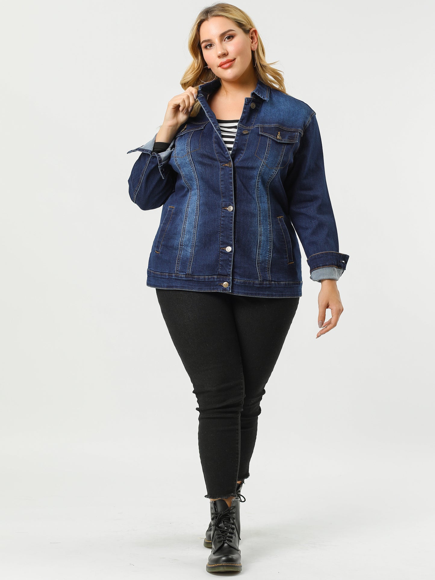Women's Plus Size Jean Jacket Stitching Button Front Washed Denim Jacket