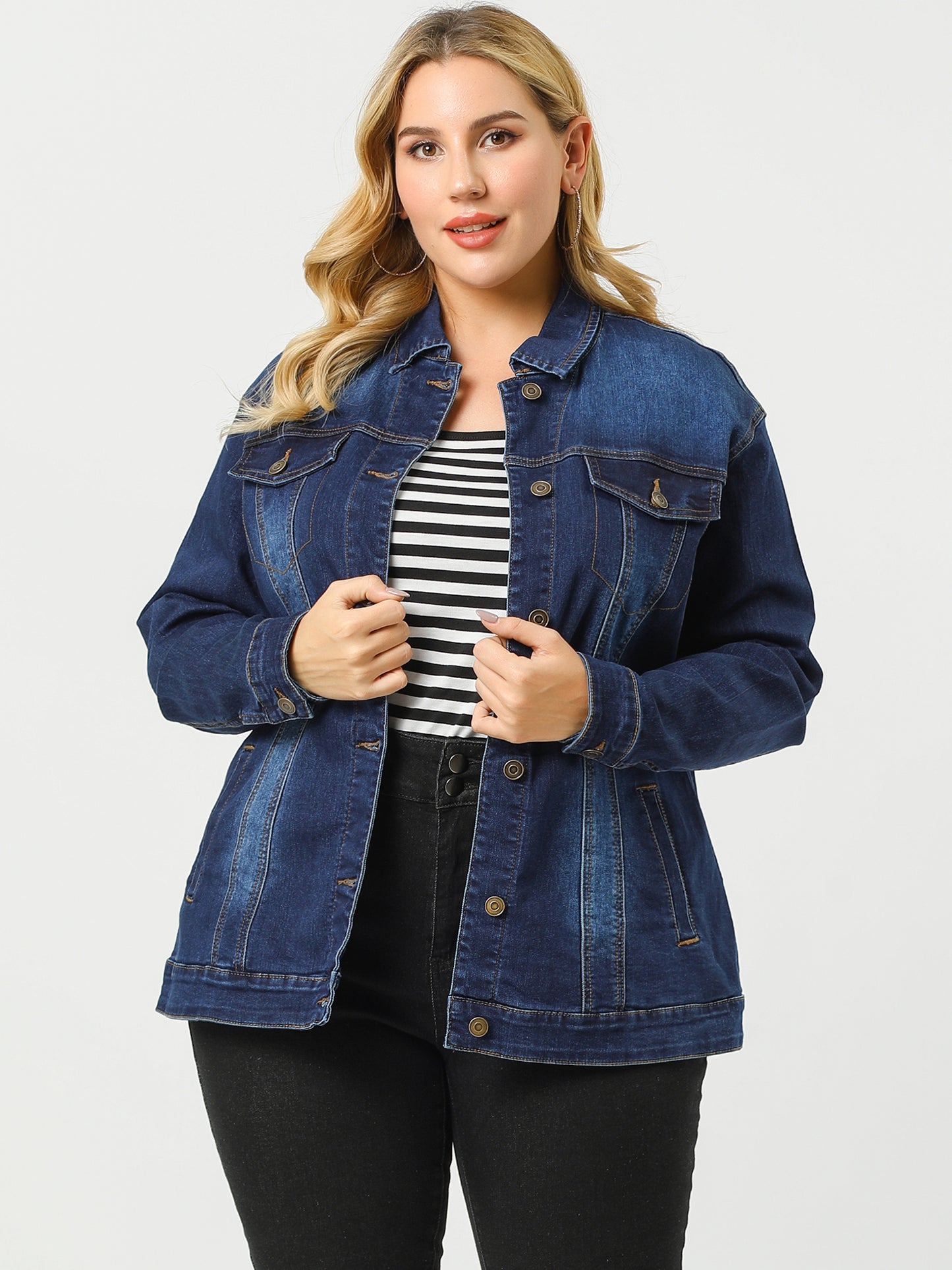 Women's Plus Size Jean Jacket Stitching Button Front Washed Denim Jacket