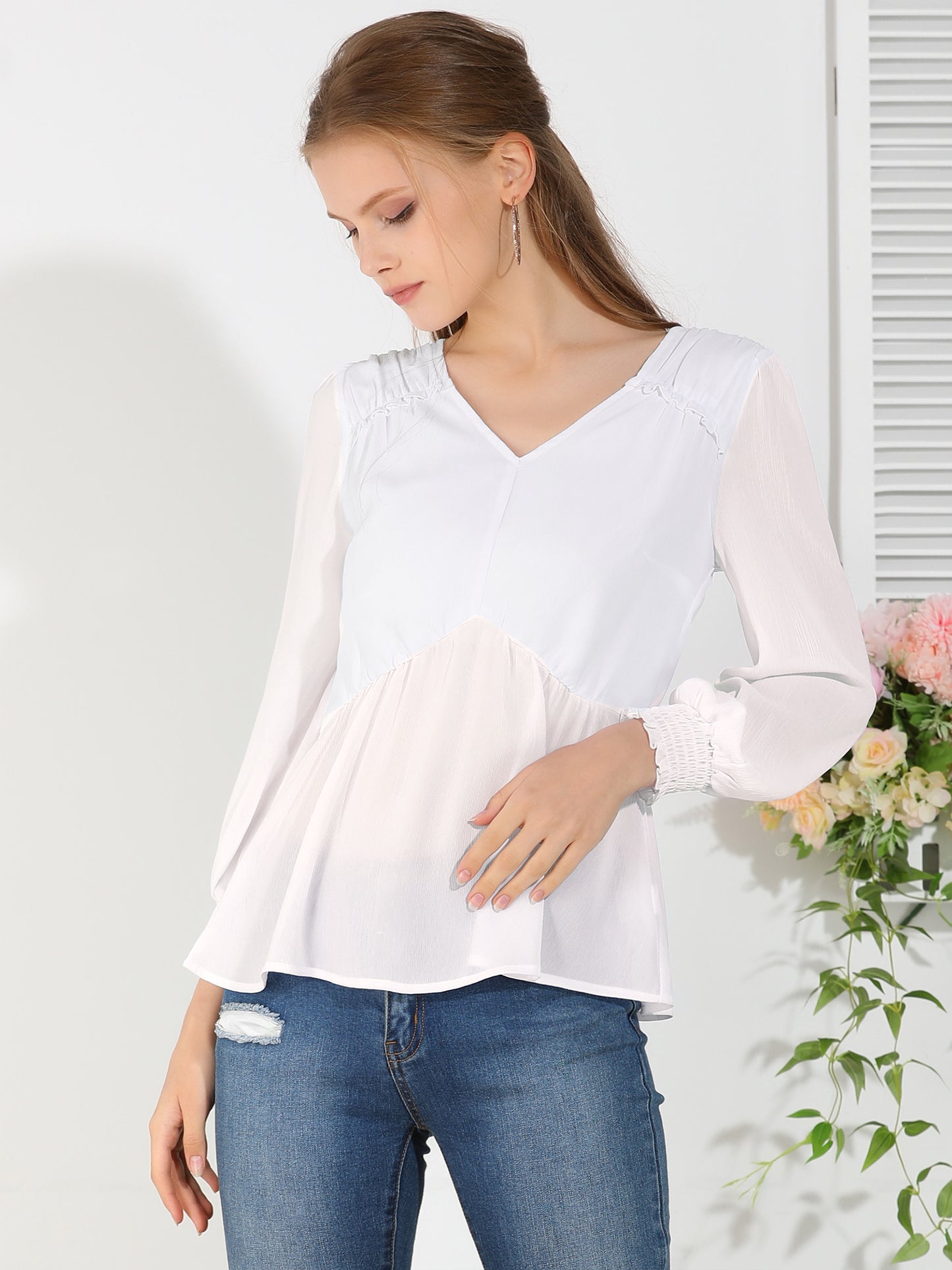 Women's Long Sleeve Smocked Blouse Ruffle Peplum Top