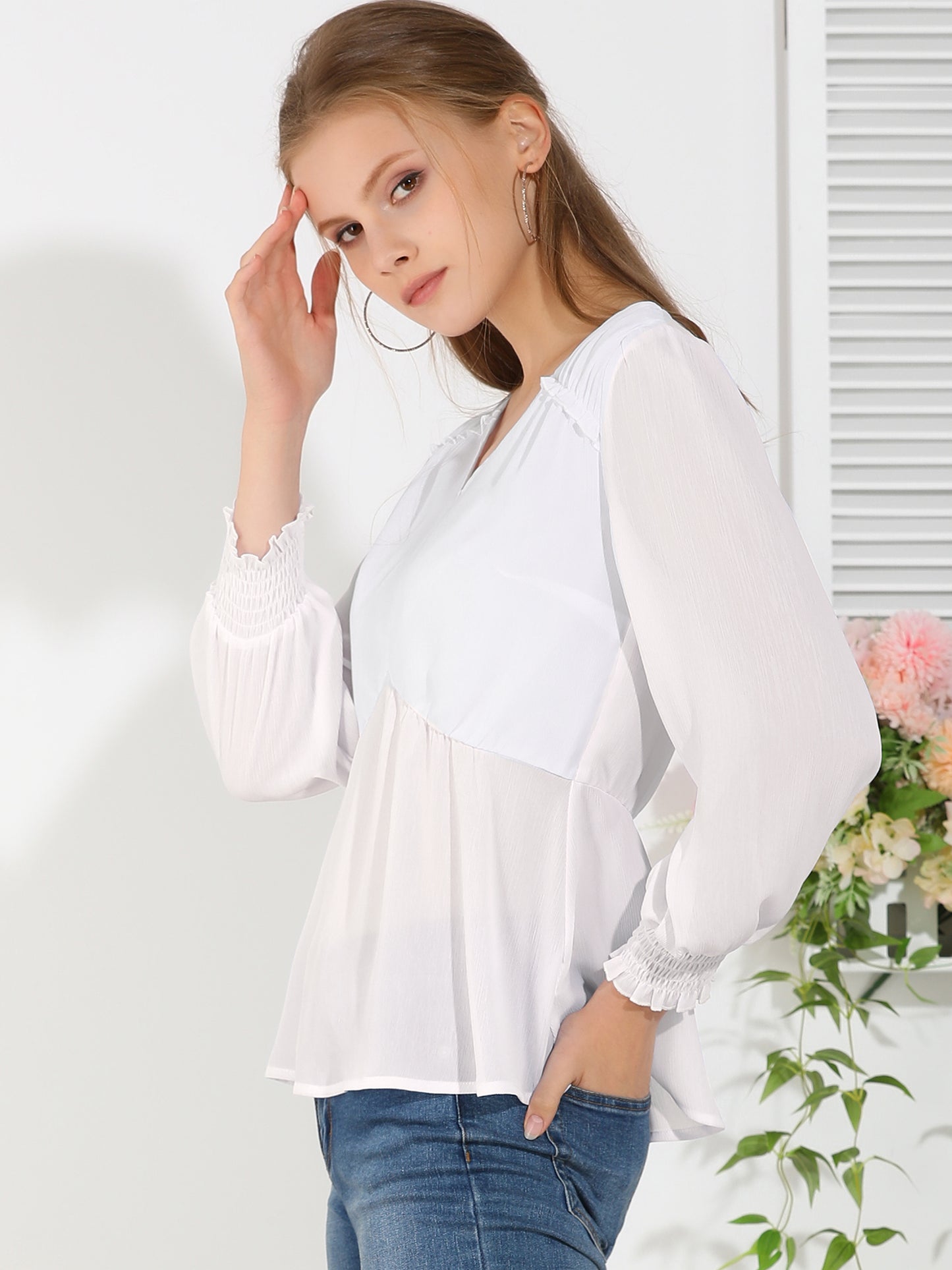 Women's Long Sleeve Smocked Blouse Ruffle Peplum Top