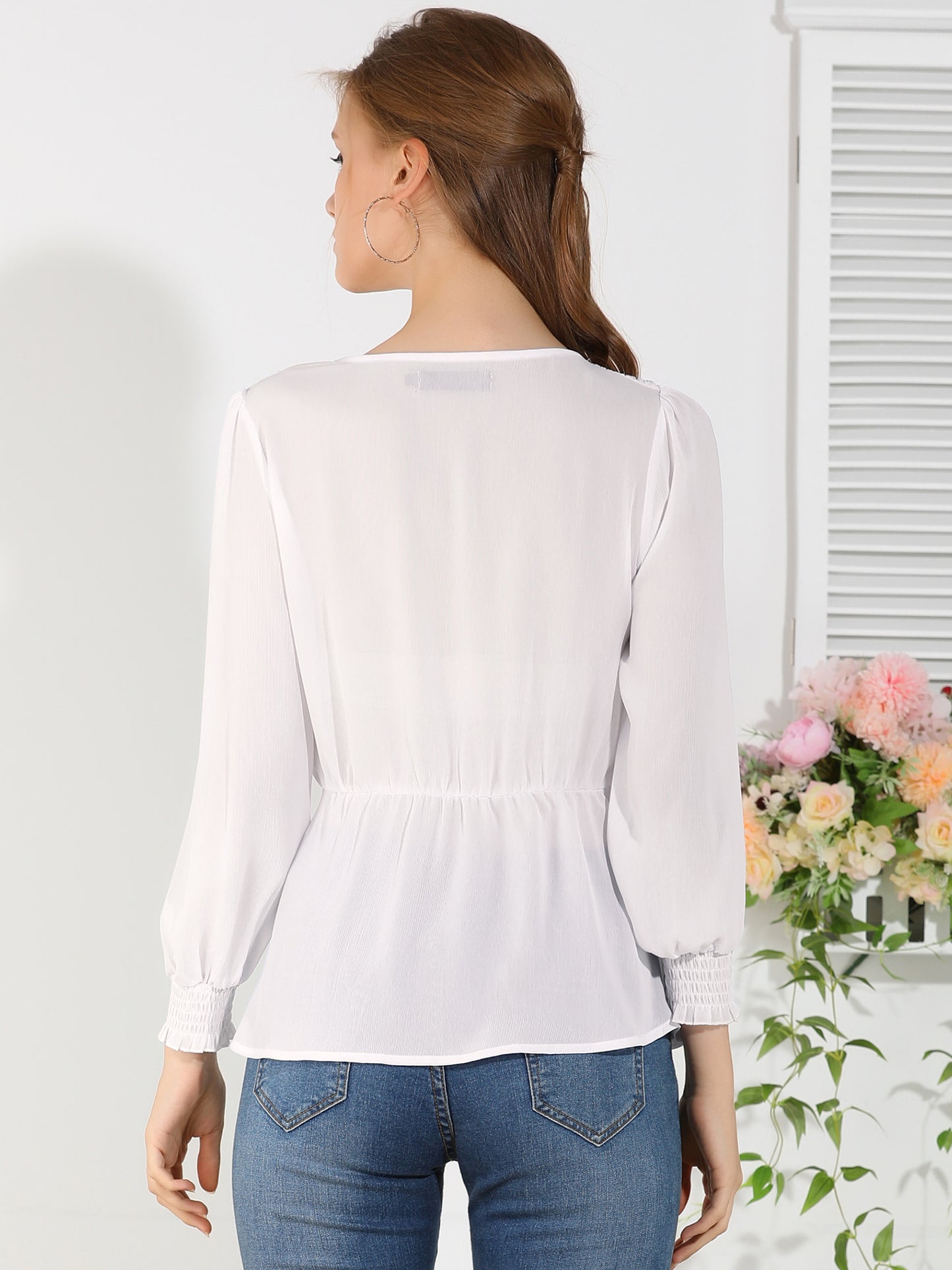 Women's Long Sleeve Smocked Blouse Ruffle Peplum Top