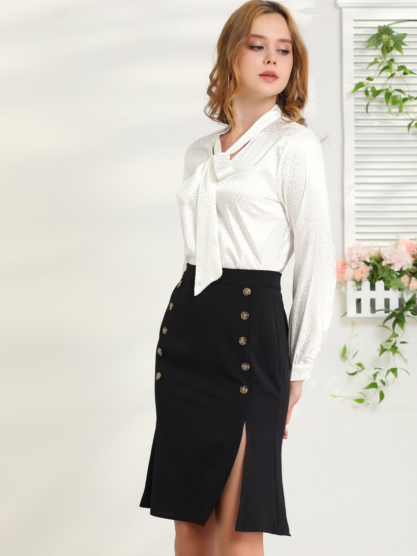 Women's Bow Tie Neck Long Sleeve Printed Satin Embossed Blouse