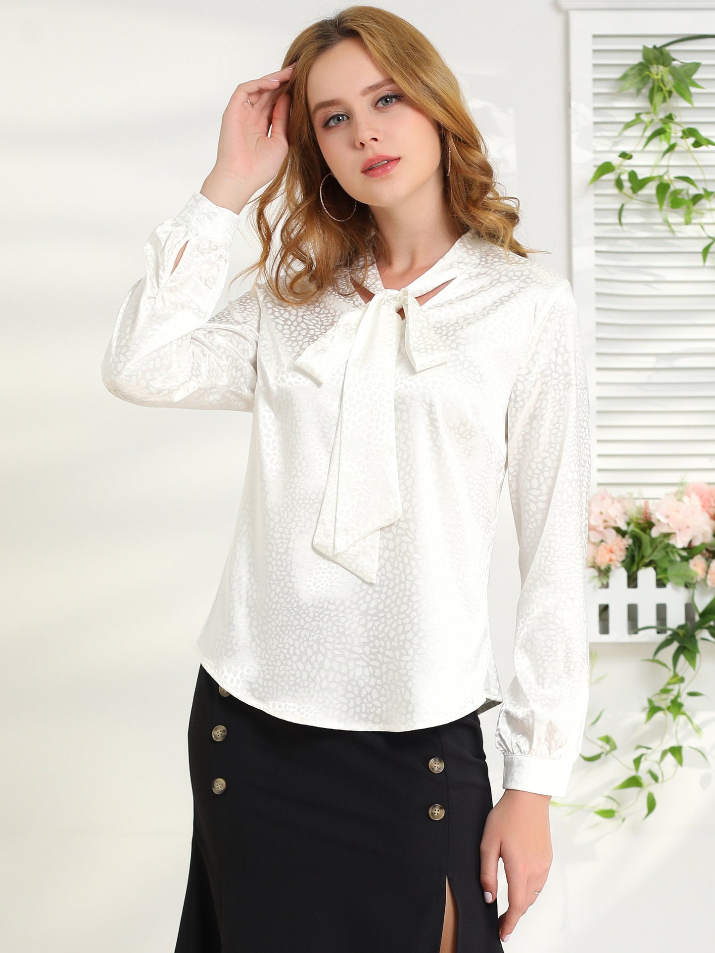 Women's Bow Tie Neck Long Sleeve Printed Satin Embossed Blouse