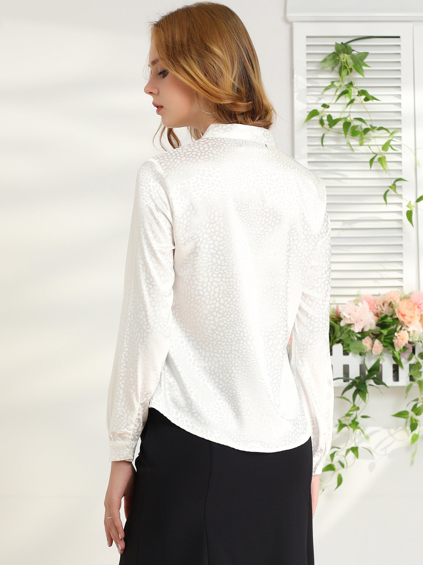 Women's Bow Tie Neck Long Sleeve Printed Satin Embossed Blouse