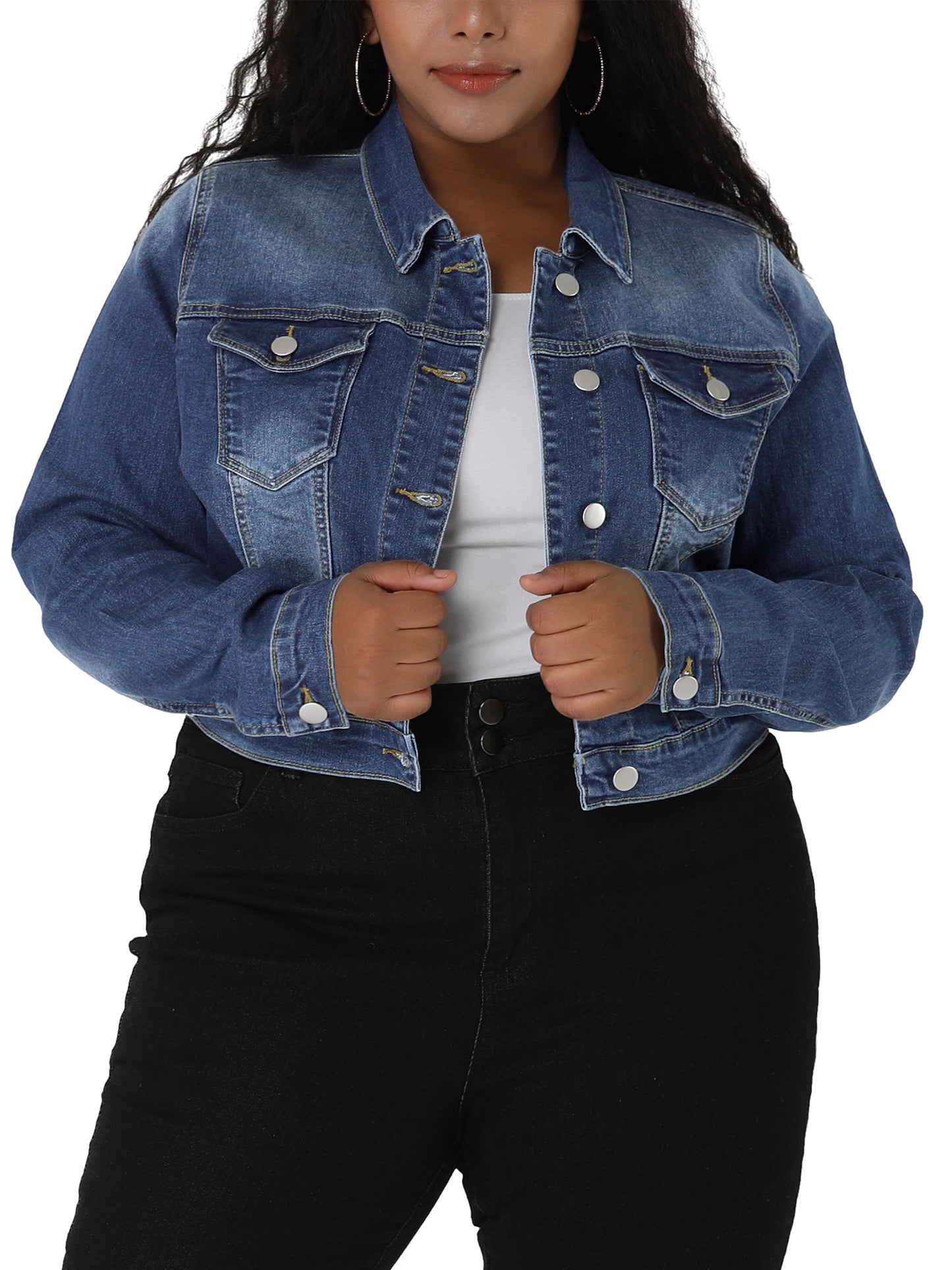 Women's Plus Size Button Closed Cropped Stitching Denim Jacket