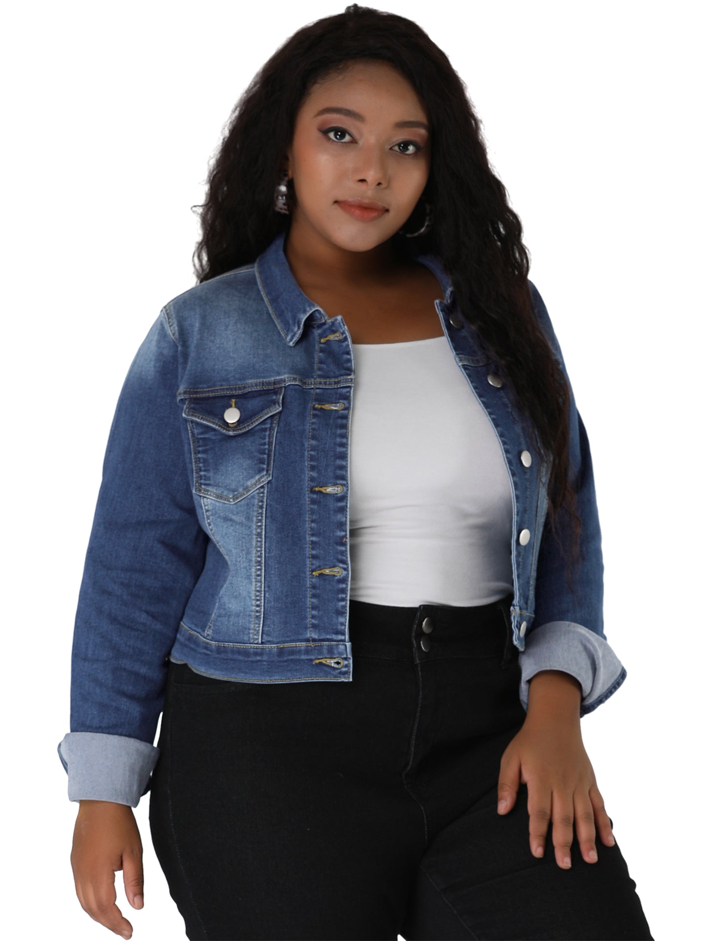 Women's Plus Size Button Closed Cropped Stitching Denim Jacket