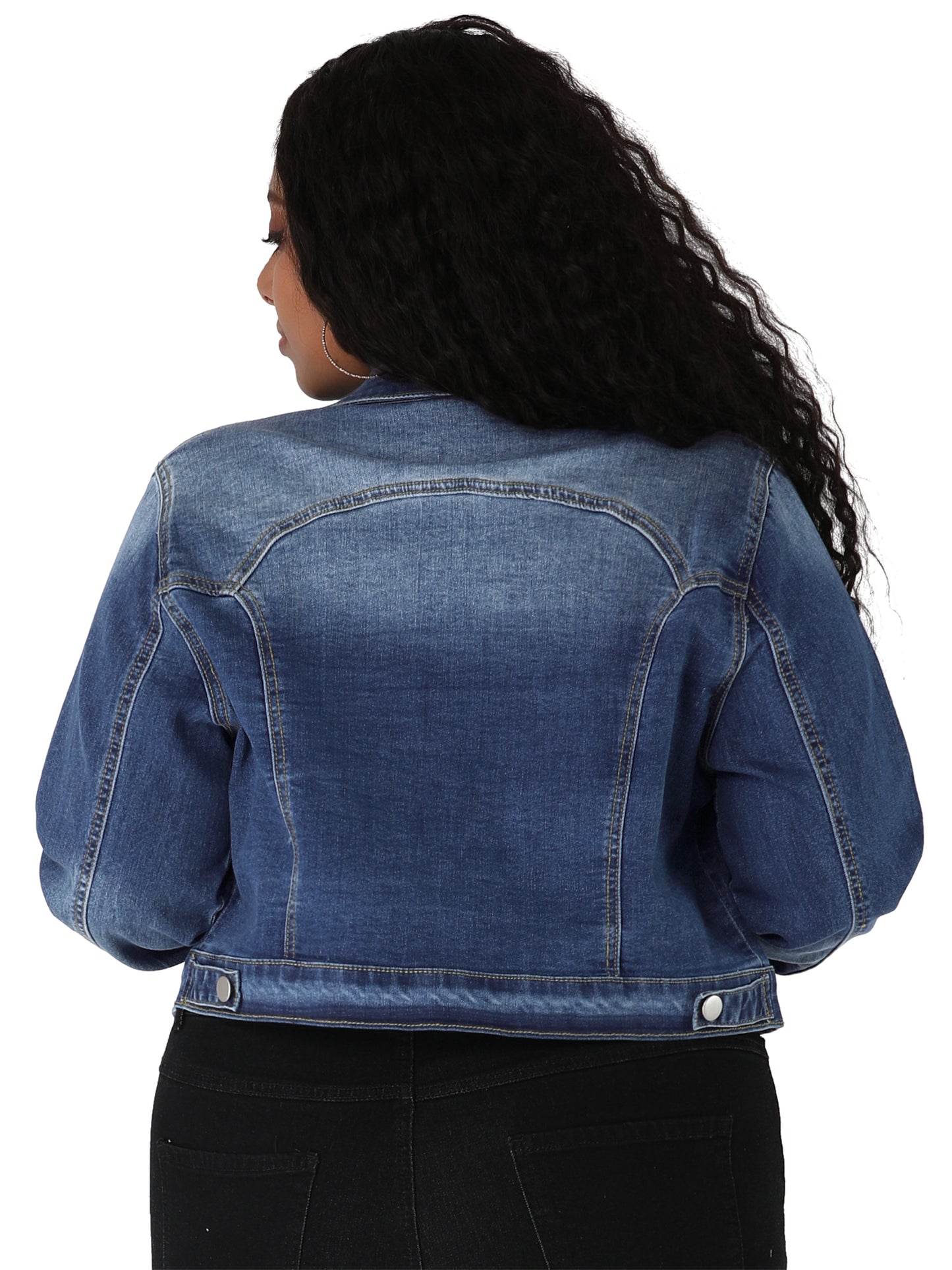 Women's Plus Size Button Closed Cropped Stitching Denim Jacket