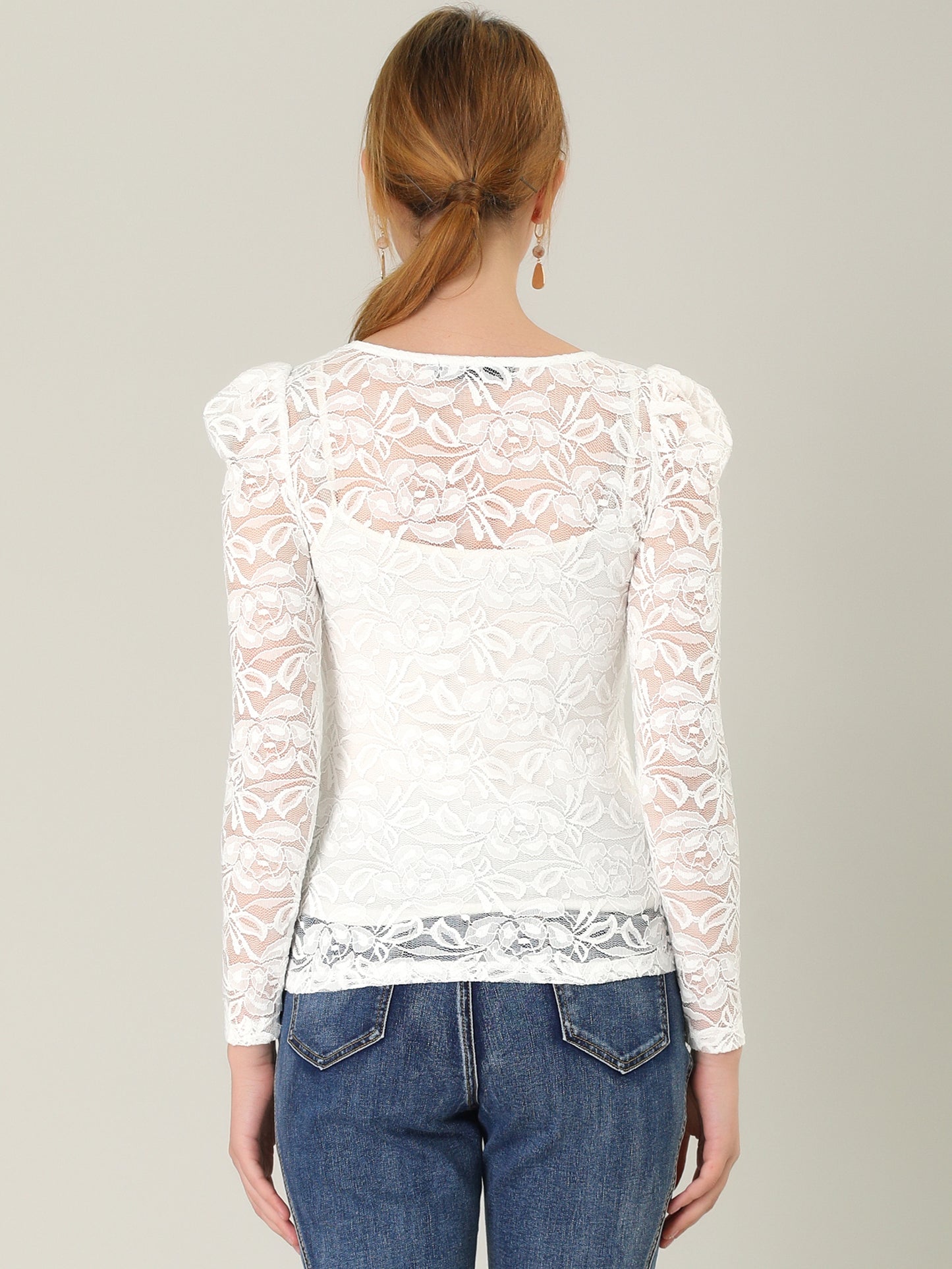 Women's Lace Embroidery Semi Sheer Vintage Puff Sleeve Top (Available in Plus Size)