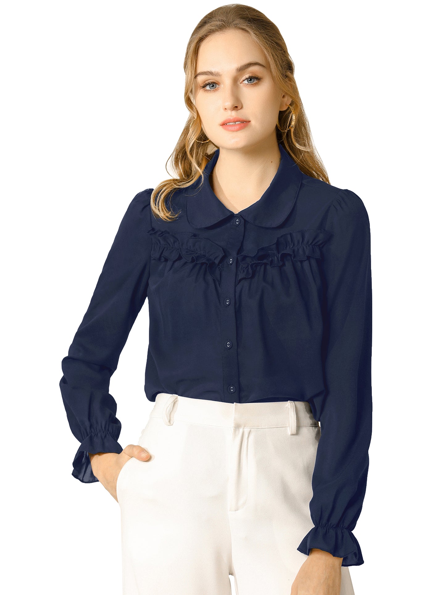 Women's Button Down Ruffle Long Sleeve Peter Pan Collar Work Shirt Top