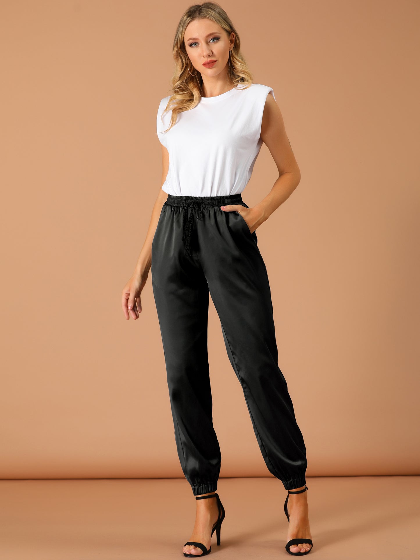 Women's Drawstring Elastic Waist Athleisure Pants Casual Ankle Length Satin Joggers with Pocket (Available in Plus Size)