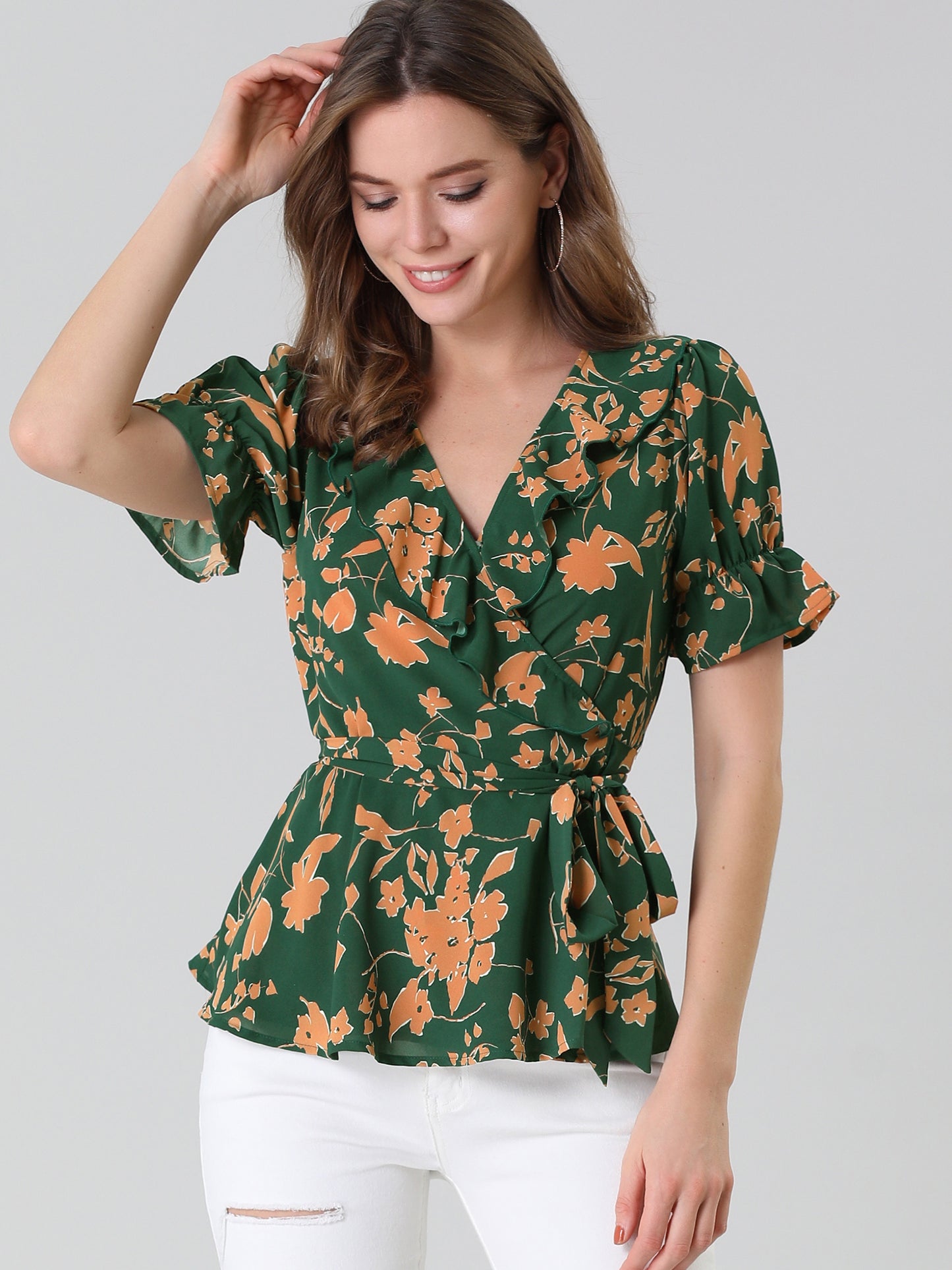 Blusa cruzada floral para mujer, manga corta, cuello en V con volantes y cinturón, peplum (disponible en tallas grandes)