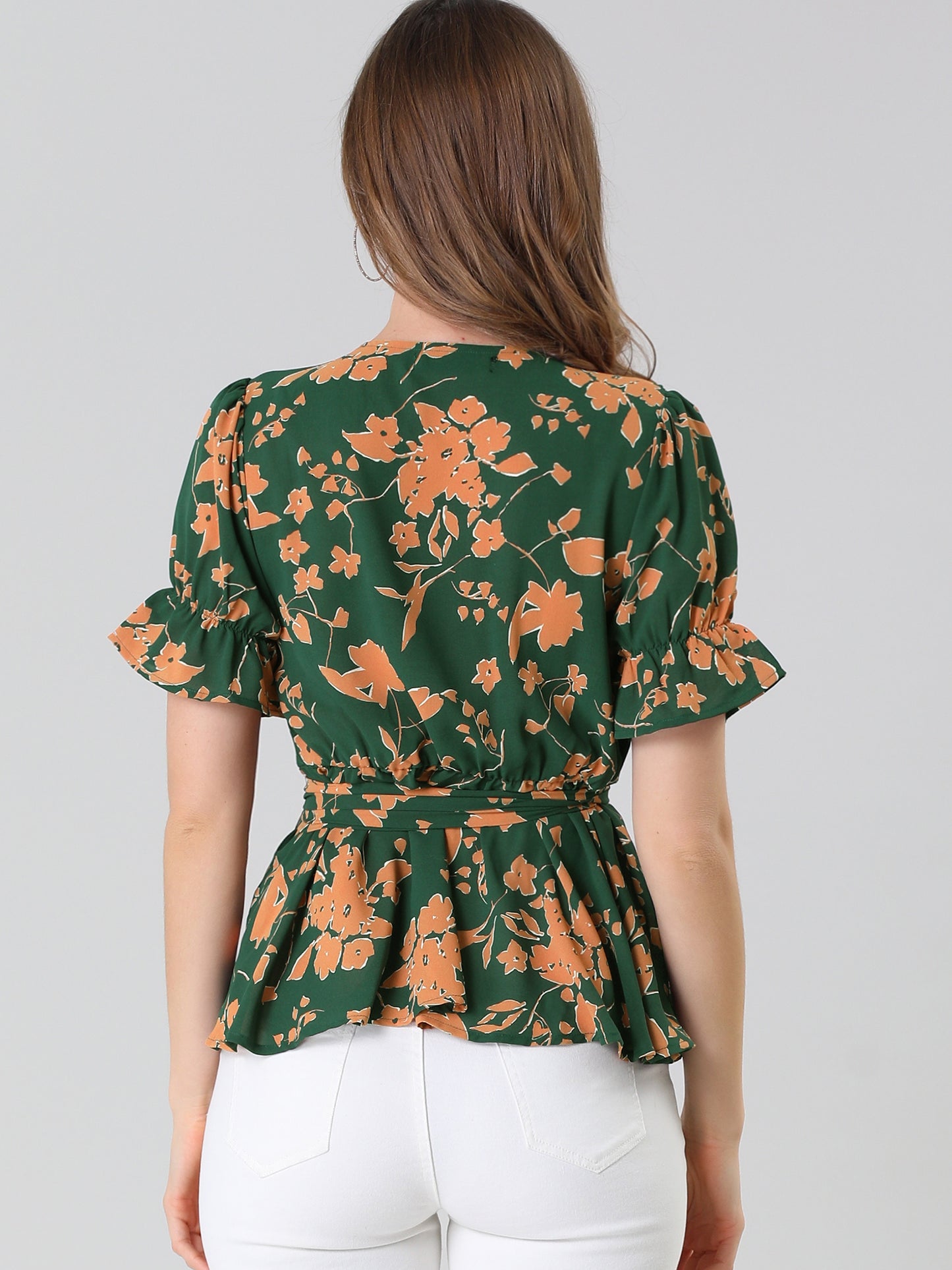 Blusa cruzada floral para mujer, manga corta, cuello en V con volantes y cinturón, peplum (disponible en tallas grandes)