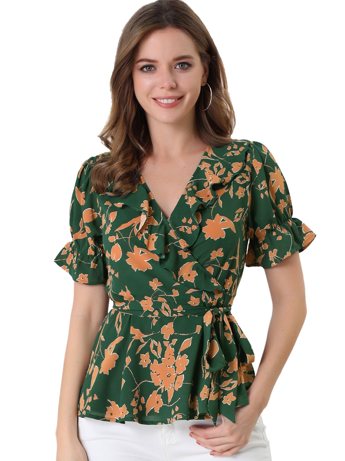 Blusa cruzada floral para mujer, manga corta, cuello en V con volantes y cinturón, peplum (disponible en tallas grandes)
