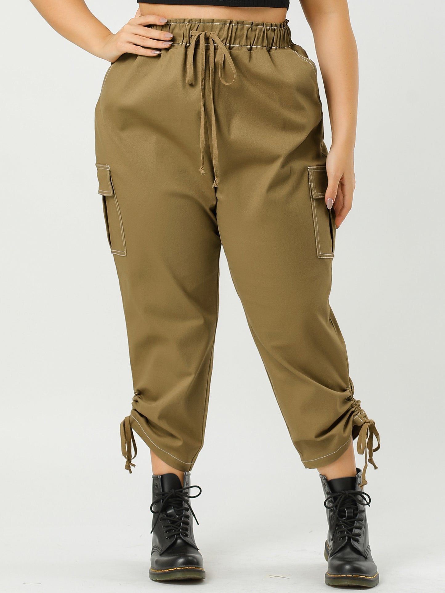 Women's Plus Size Drawstring Elastic Waist Cargo Pants with Pocket