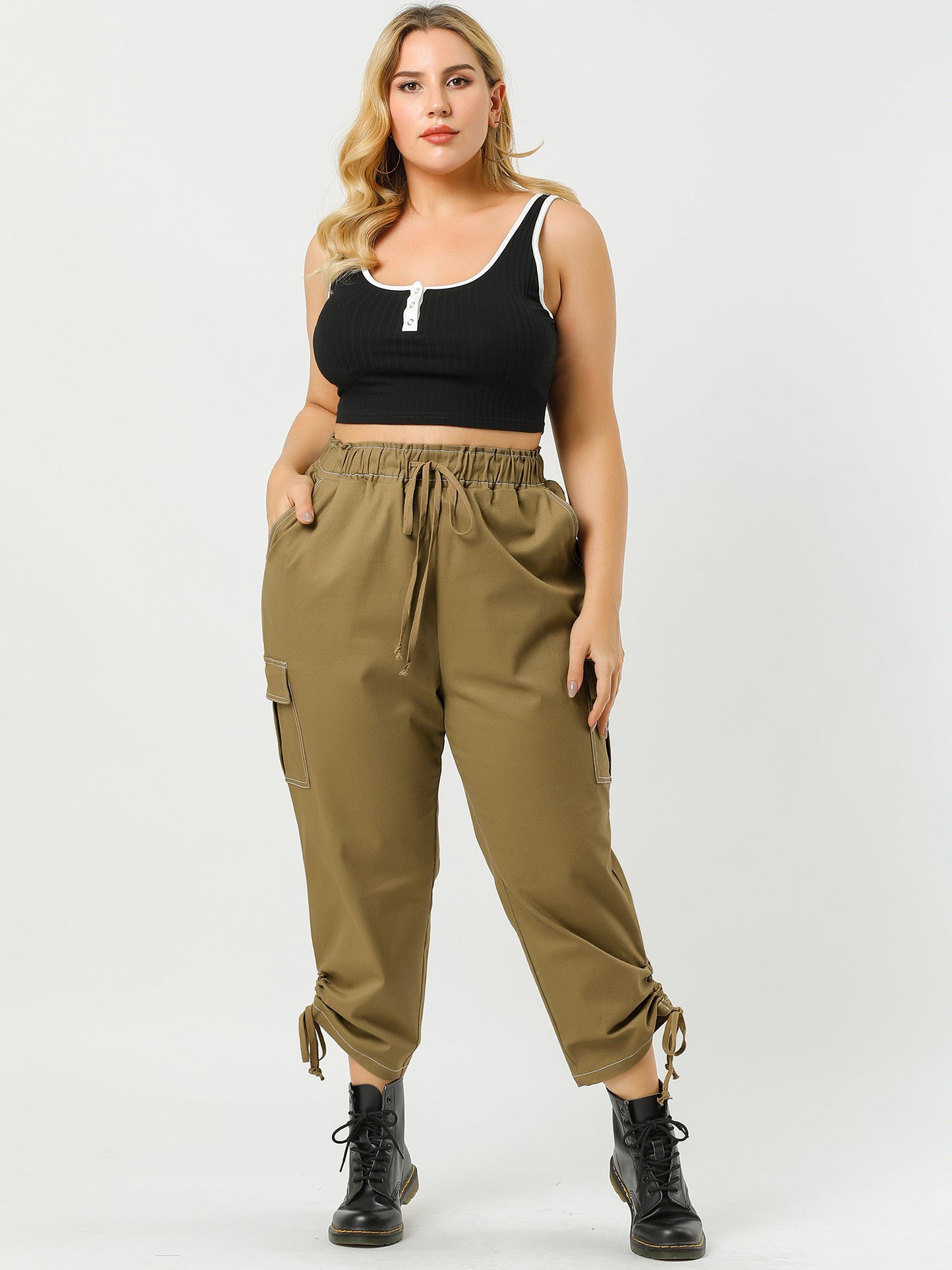 Women's Plus Size Drawstring Elastic Waist Cargo Pants with Pocket