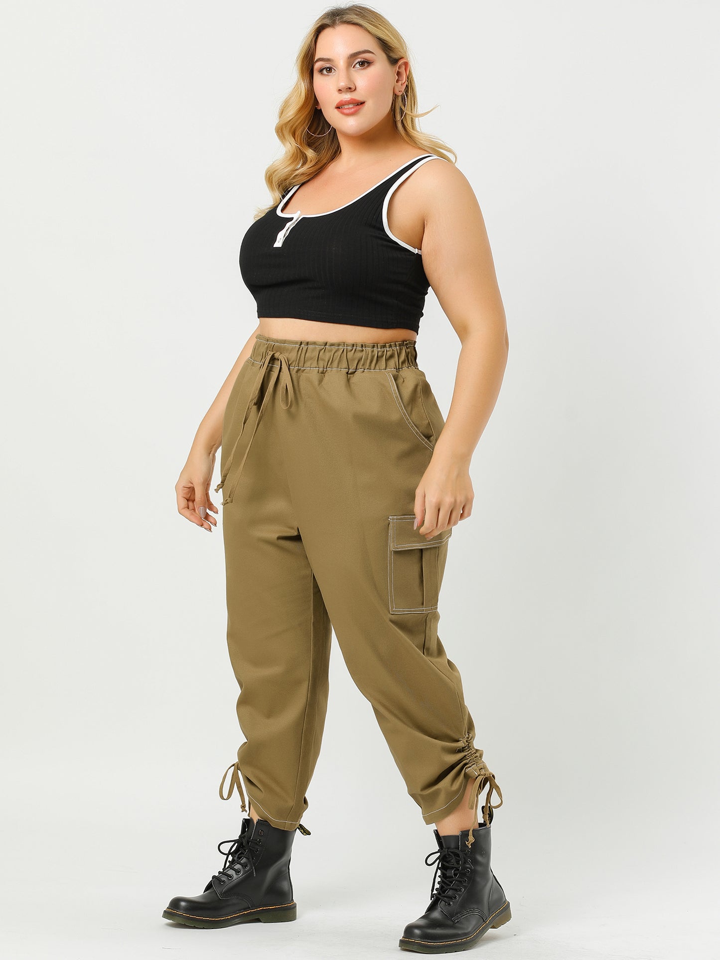 Women's Plus Size Drawstring Elastic Waist Cargo Pants with Pocket